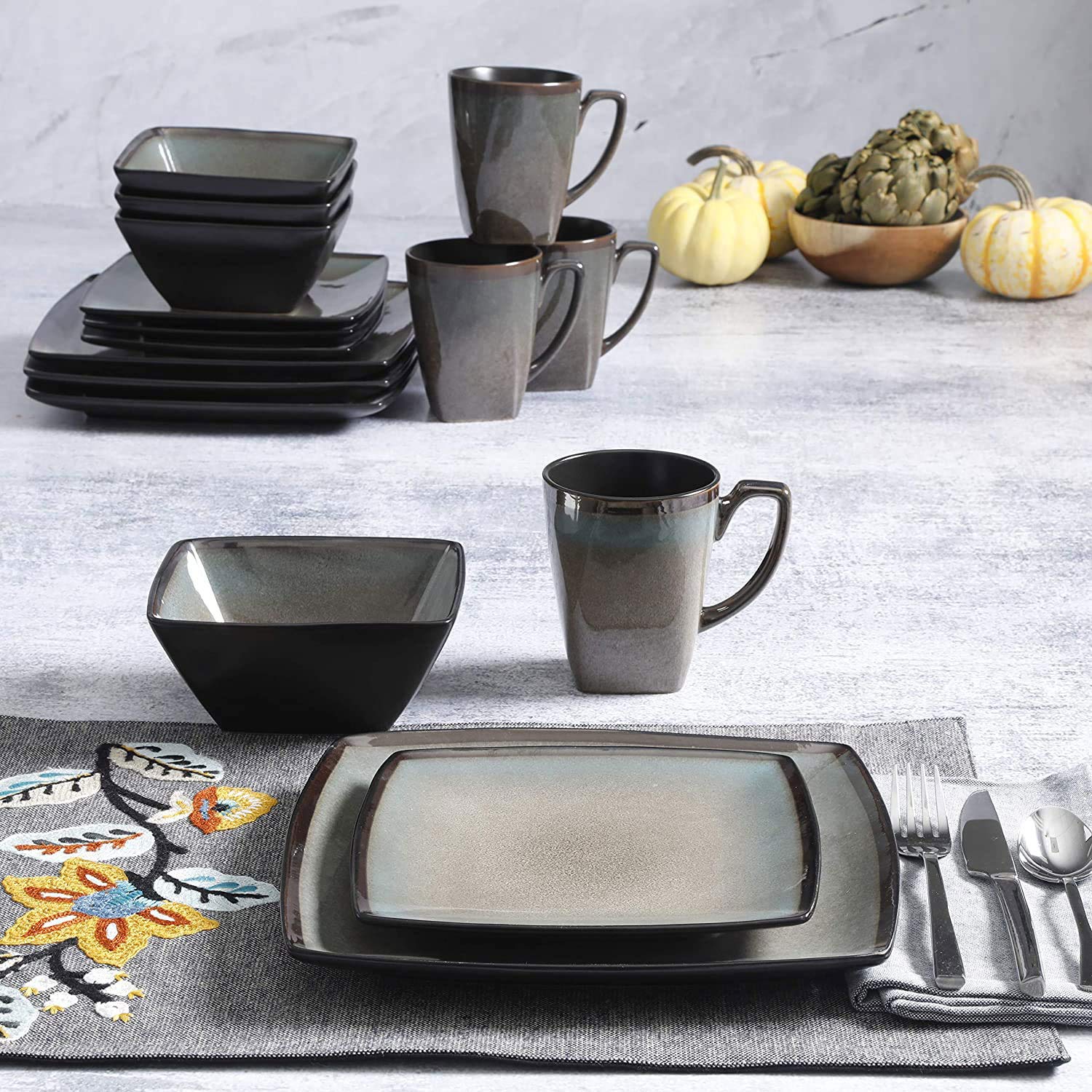 Gibson Elite Tequesta 16-Piece Square Dinnerware Set - Microwave & Dishwasher Safe Plates, Bowls & Mugs - Durable Glazed Stoneware in Taupe (3-Pack) - Perfect for Family Dinners, Entertaining & Everyday Use