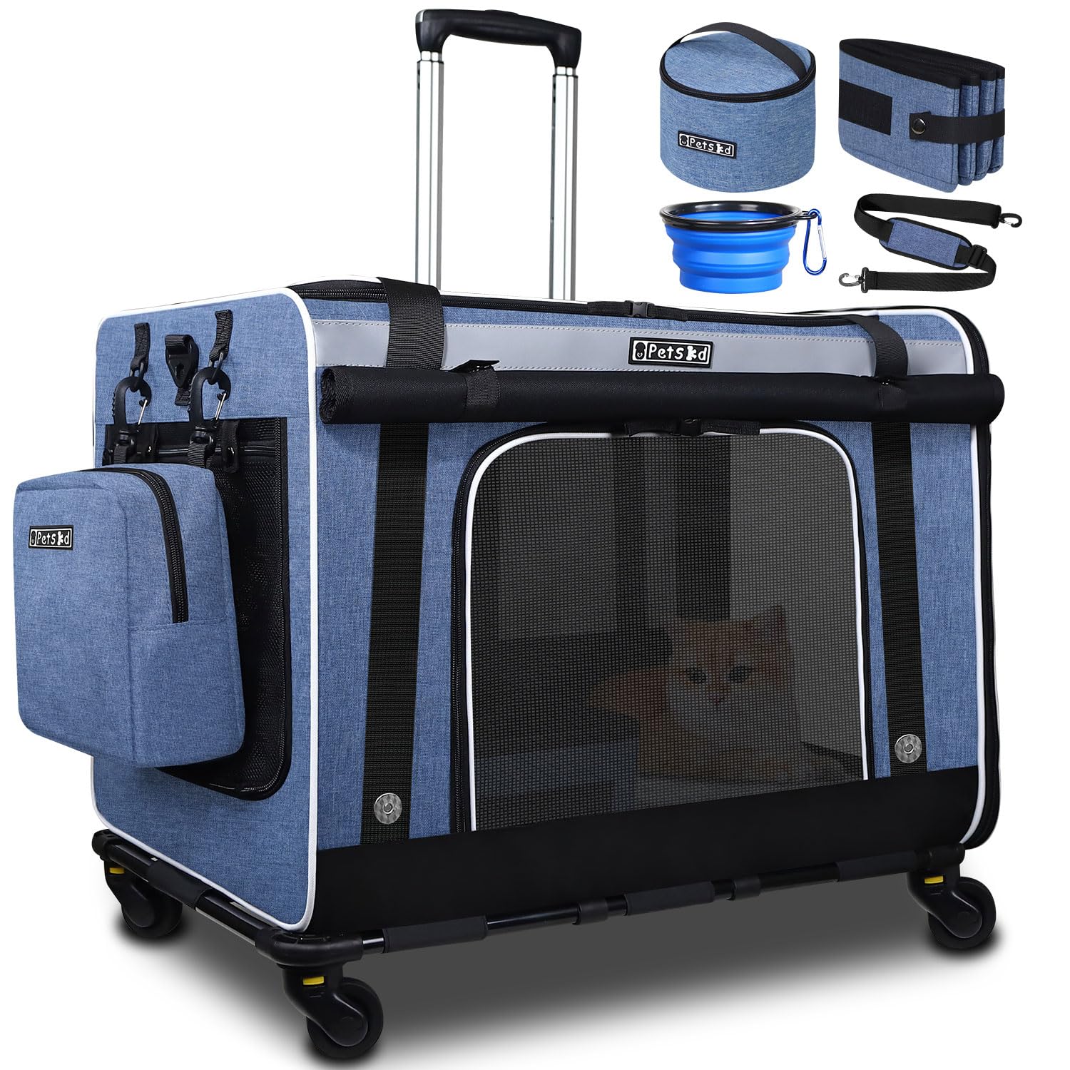 Petskd Extra Large Cat Carrier with Wheels & Litter Box - 24x17x17 Inch Rolling Pet Carrier for Cats Up to 55 lbs - 5 Breathable Mesh Windows & Locking Zippers - Ideal for Air Travel, Vet Visits & Road Trips (Blue)