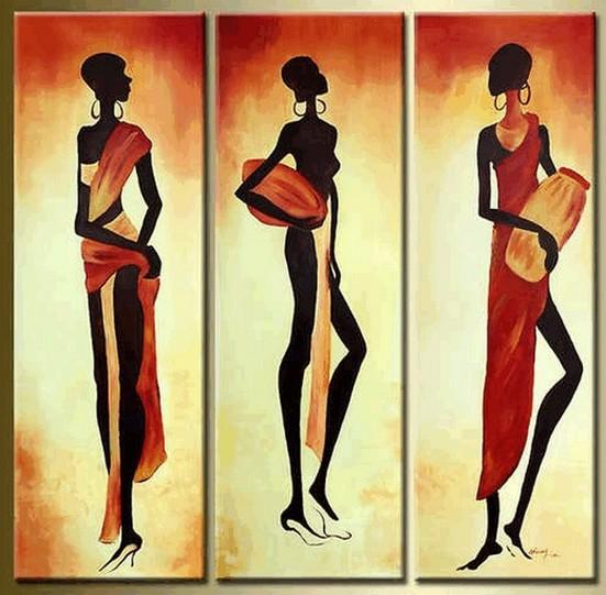 African Woman Abstract Canvas Painting - 3 Piece Wall Art Set, Handmade Acrylic Artwork for Living Room & Bedroom Decor