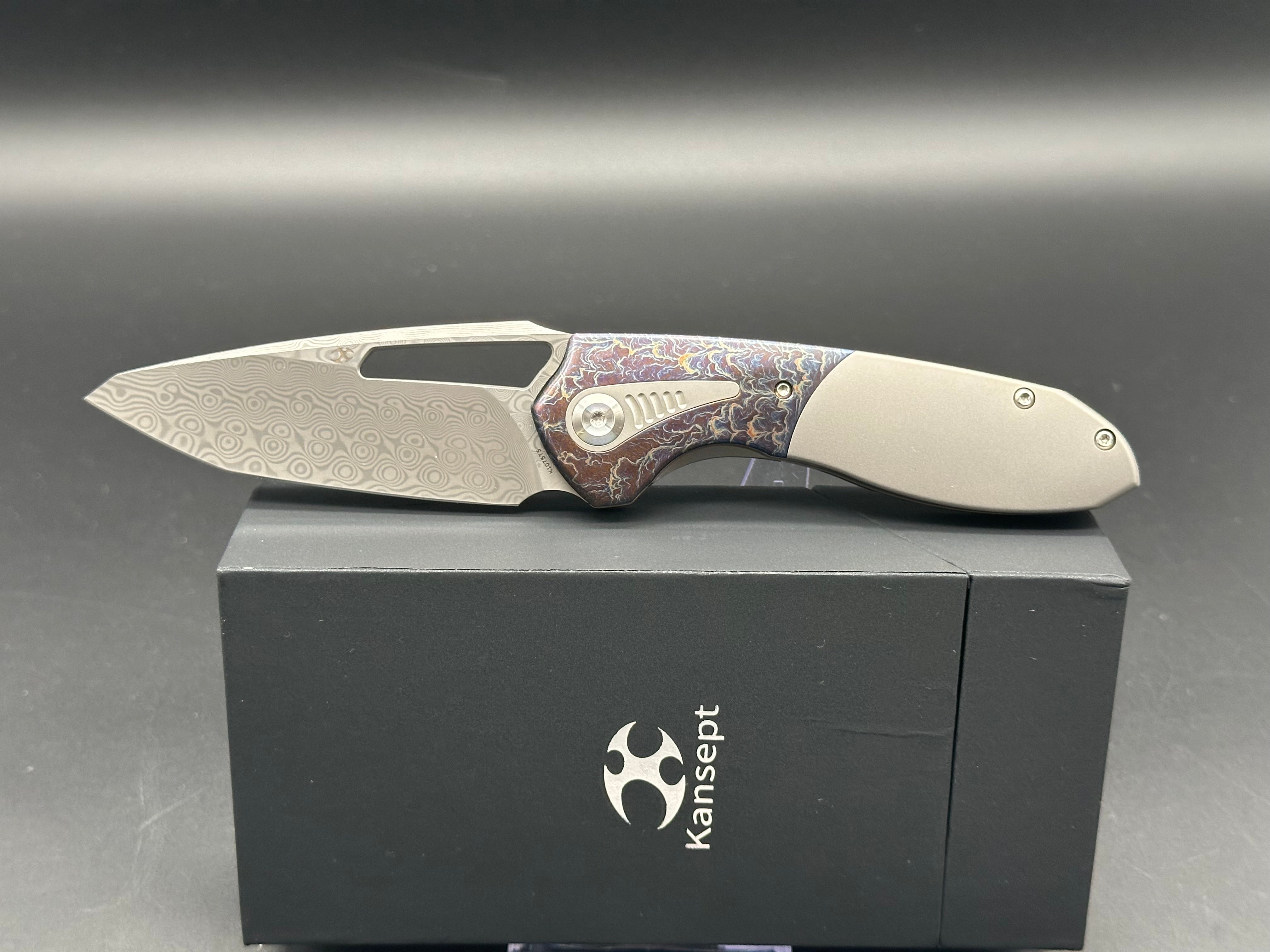 KANSEPT THOTH Folding Knife - Bead Blast/Lightning Strike Titanium Handle with Damascus Steel Blade - EDC Pocket Knife for Outdoor Camping, Hiking & Survival