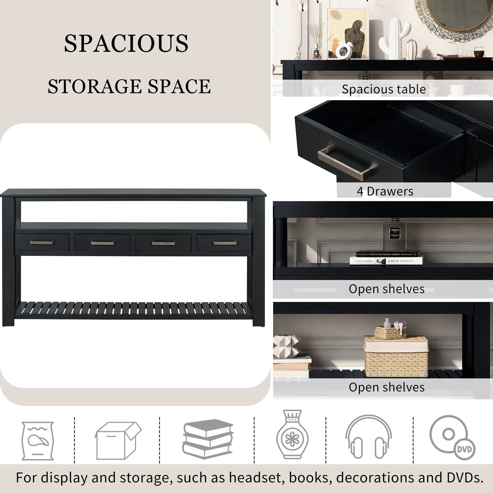 Merax Retro Style Entryway Console Table with 4 Drawers & 2 Shelves - Sofa Table for Living Room, Hallway & Corridor - Perfect for Small Space Organization & Home Décor (Black)