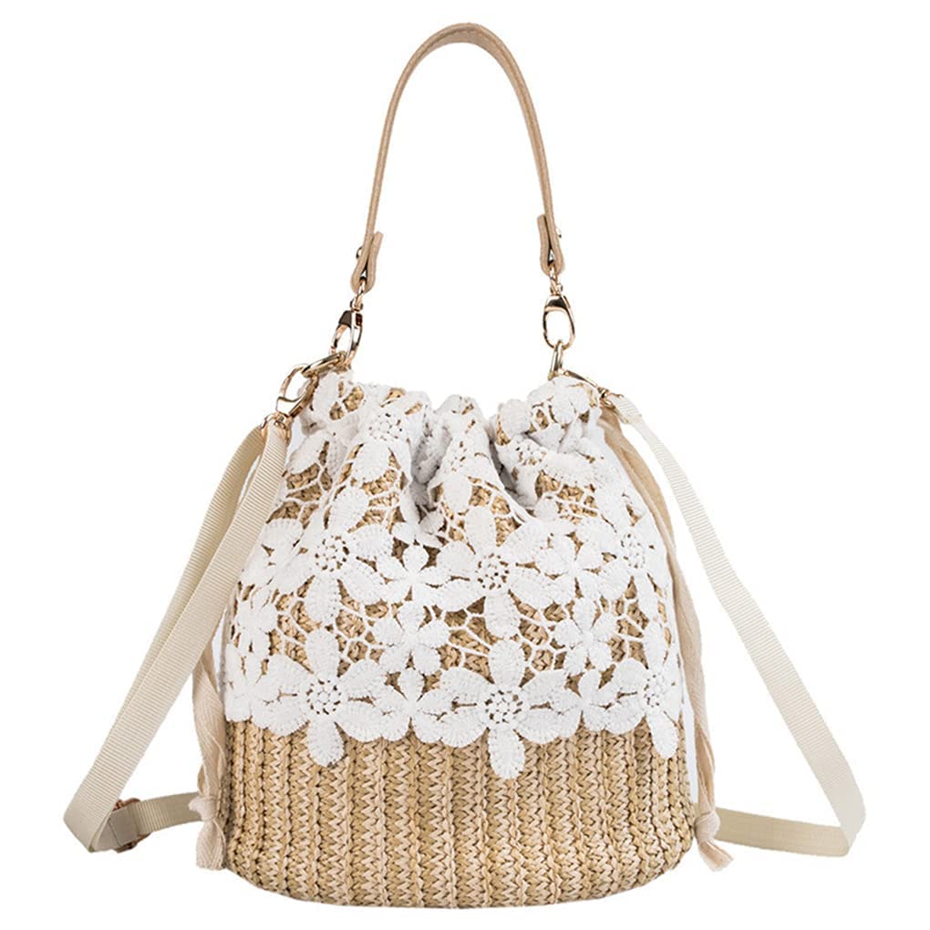 ESHMei Women's Straw Beach Bag with Drawstring - Summer Straw Handbag, Bucket Shoulder Bag for Women - Perfect for Beach Outings, Picnics, and Vacation Travel