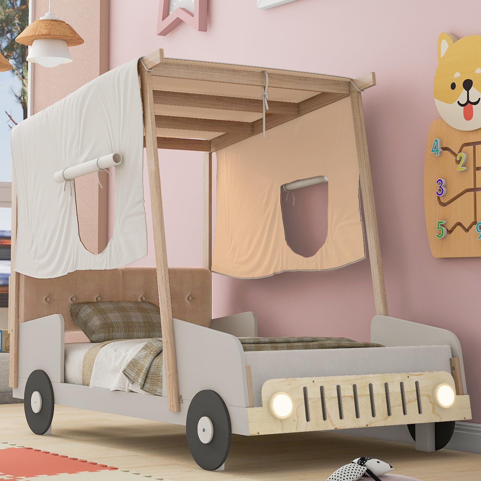 Twin Size Kids Car Bed with LED Lights & Headboard - Toddler Floor Bed Tent for Boys & Girls - Natural Wood Design - Perfect for Playrooms, Bedrooms & Sleepovers