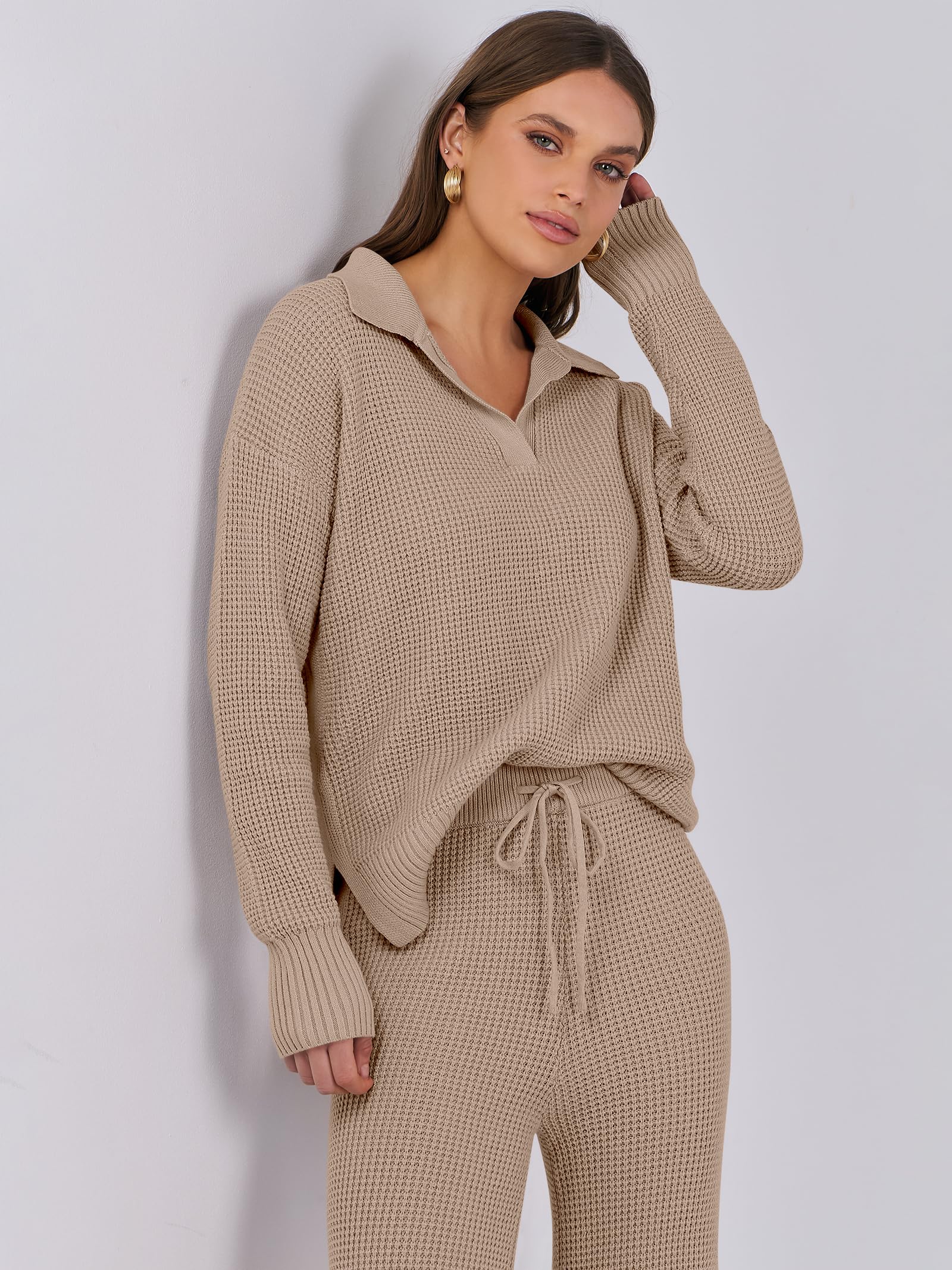 ANRABESS Women's Two Piece Outfits - Waffle Knit Sweater & Wide Leg Pants Lounge Set | Soft Matching Tracksuit for Casual Wear, Loungewear & Home Comfort