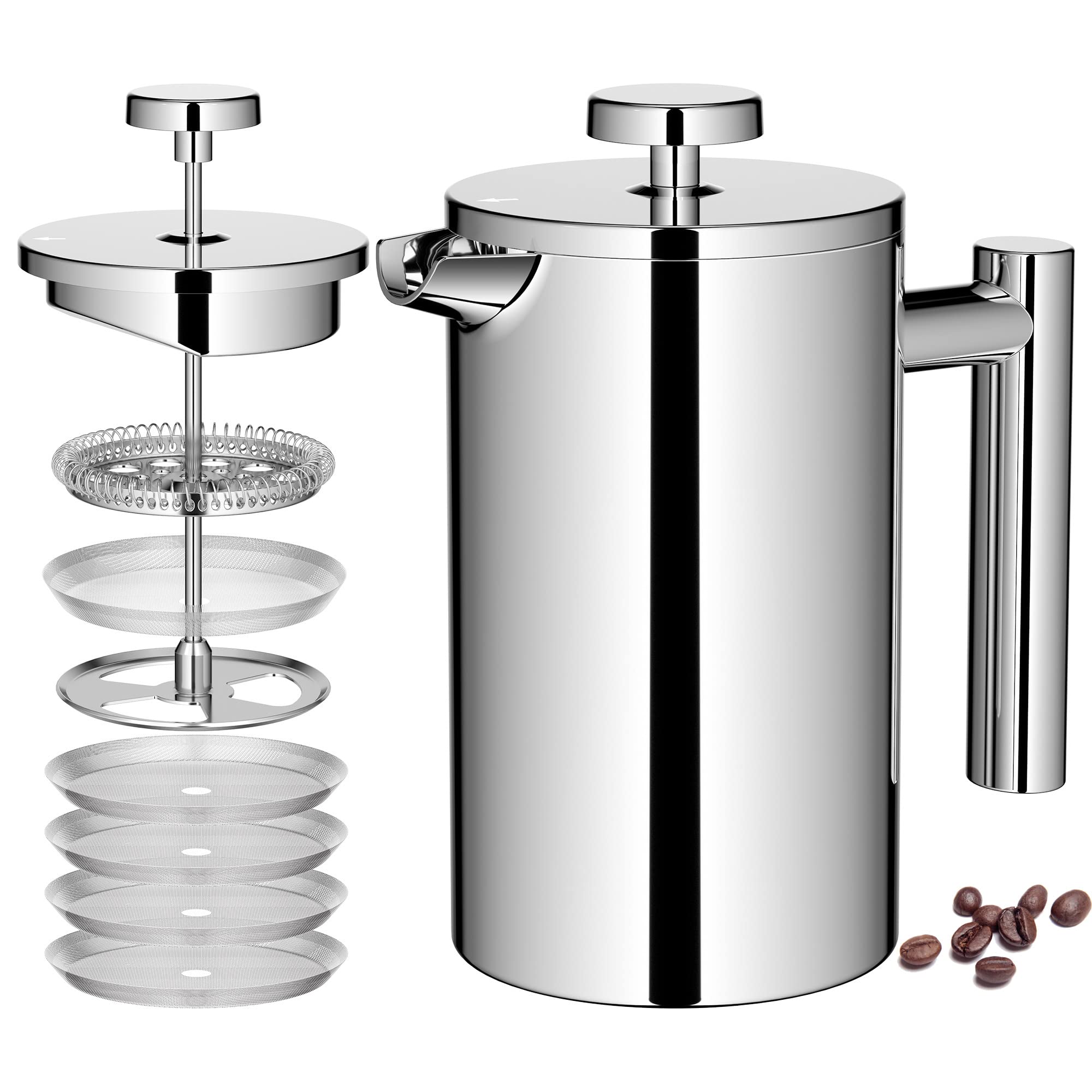 Premium 21Oz Stainless Steel French Press Coffee Maker - 3-Level Filtration System, Double Wall Insulated, Includes 4 Filters & Metal Spoon - Perfect for Home, Office & Camping Coffee Brewing