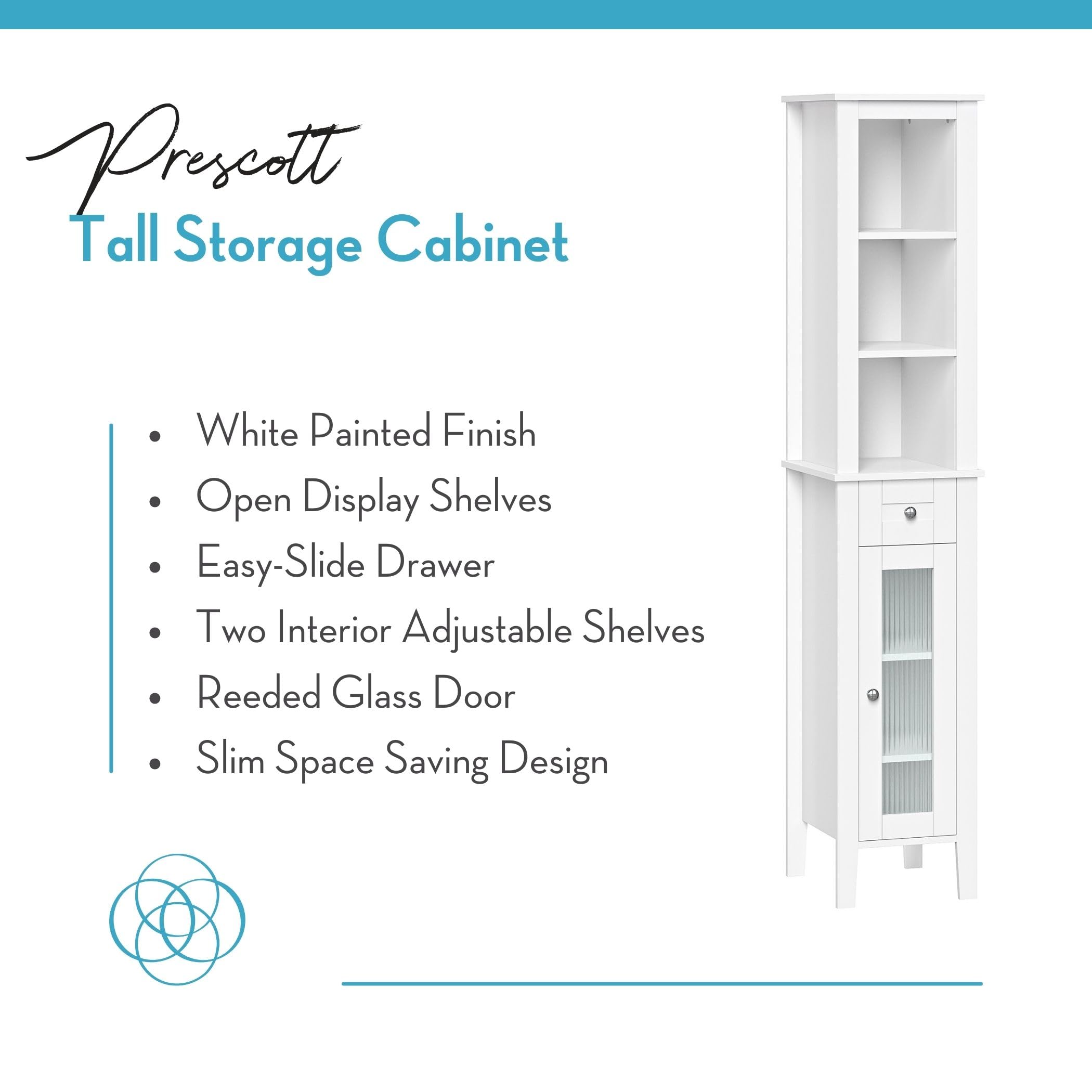 RiverRidge Prescott Tall Bathroom Storage Cabinet with Reeded Soft-Close Glass Door - 3 Open Shelves & Drawer - Slim Narrow Bathroom Vanity Organizer for Towels, Toiletries & Cosmetics - Perfect for Small Bathrooms, Powder Rooms & Apartment Living