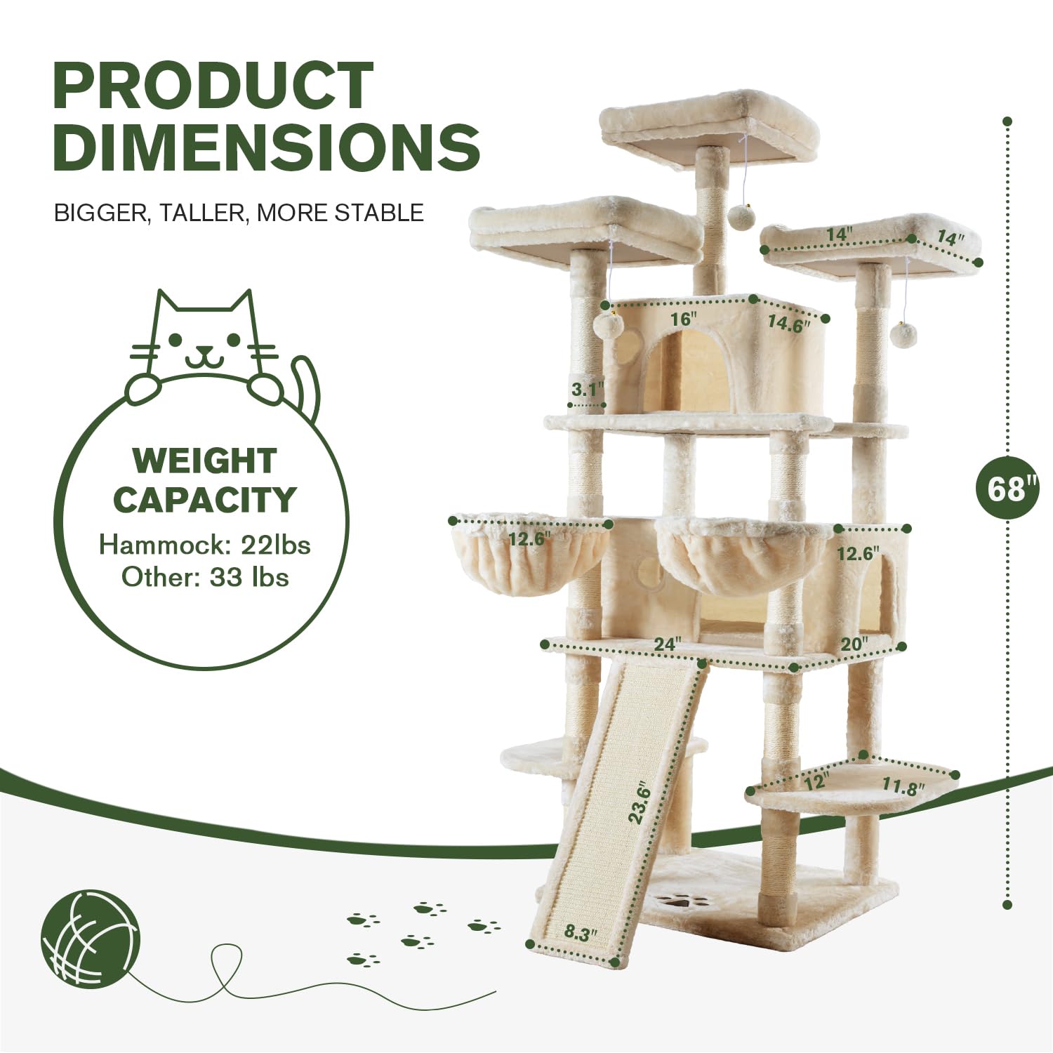 IMUsee 68-Inch Multi-Level Large Cat Tree for Big Cats - Sturdy Cat Tower with Condo, Plush Perches, Sisal Scratching Posts & Hammocks - Feline Activity Center & Playhouse (Beige) - Perfect for Indoor Cats, Playtime & Climbing Exercises