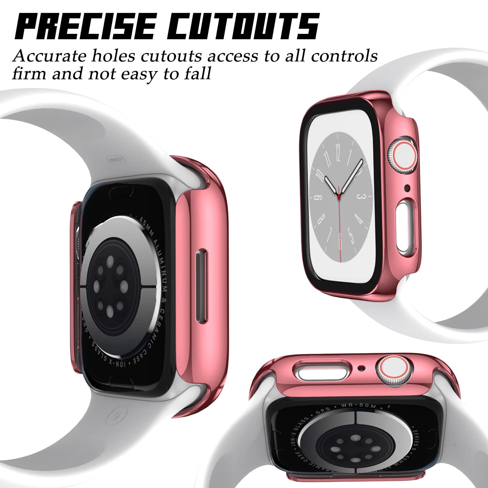 2-Pack Hard Protective Case for Apple Watch Series 9/8/7 (45mm/41mm) with Tempered Glass Screen Protector - Anti-Scratch, Stylish Plating PC Shell - Perfect for Workouts, Outdoor Activities & Daily Wear (41mm, Pink+Clear)