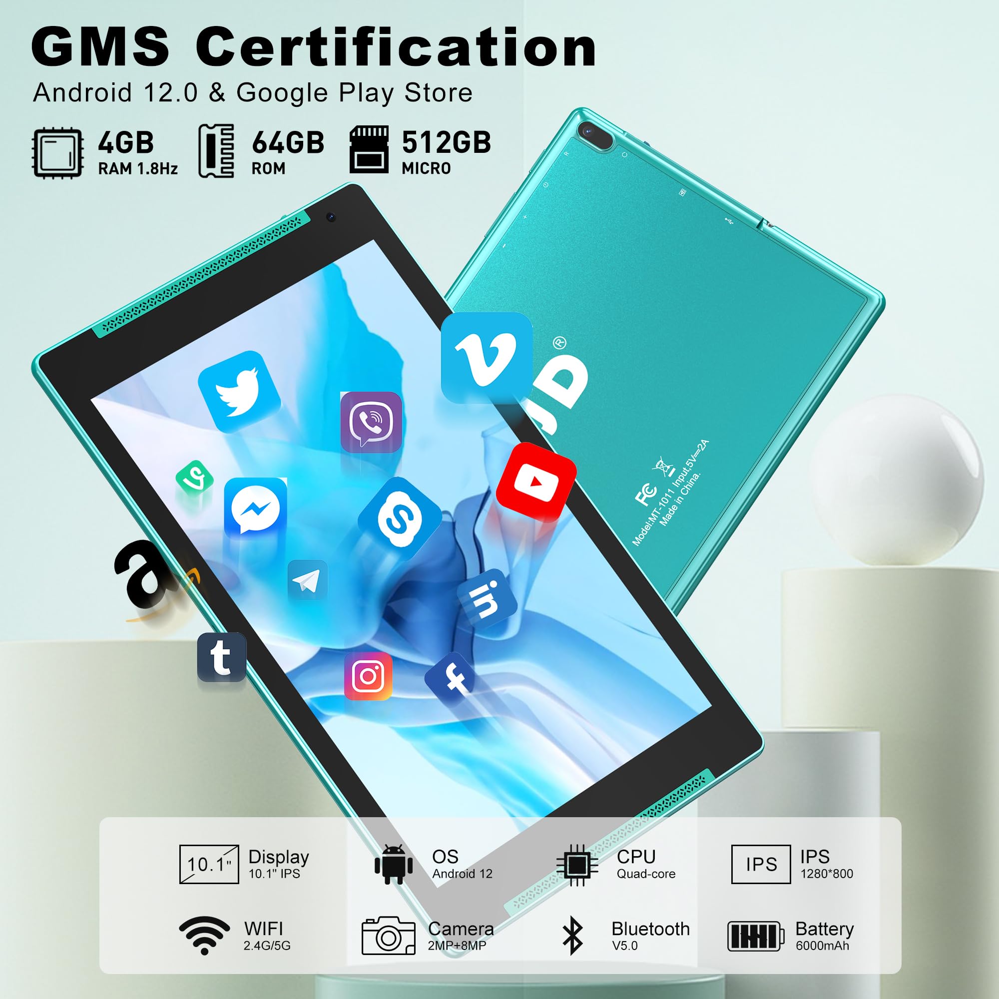 10.1 Inch Android 12 Tablet - TJD 4GB RAM 64GB ROM (Expandable to 512GB) with Quad Core Processor, HD IPS Screen, 8.6MP Rear & 2MP Front Camera - WiFi Bluetooth Tablet for Work, Study & Entertainment