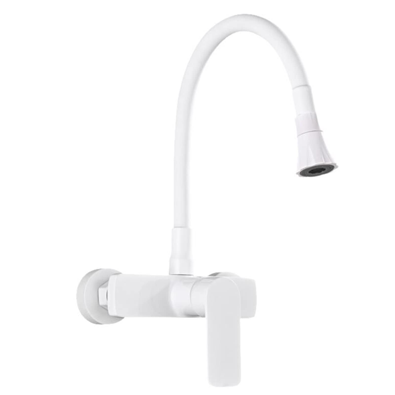 Wall Mount Kitchen Faucet with Brass Showerhead - Hot/Cold Water Swivel Sink Faucet in White | Perfect for Small Kitchens, RV Bathrooms & Outdoor Sinks