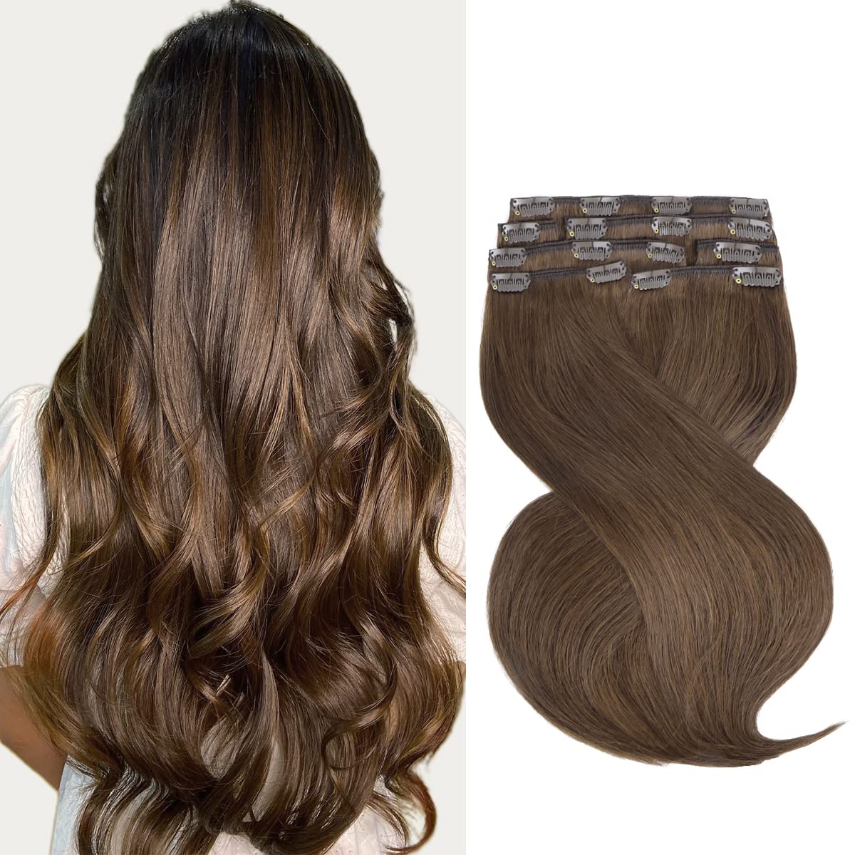 Marat Clip in Human Hair Extensions 24 Inch 120g - Chocolate Brown Straight Removable Hair Extensions for Women | Perfect for Parties, Weddings & Daily Styling