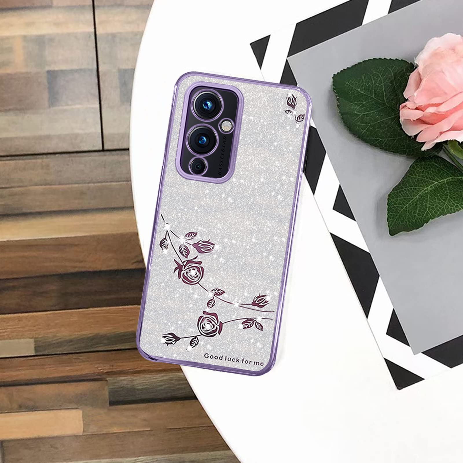 Sparkly Glitter Luxury Diamond Bling OnePlus 9 Case for Women - Pink Floral Clear Shockproof TPU Phone Cover (Purple-Silver) | Cute Protective Case for Girls, Soft & Durable | Perfect for Everyday Use, Work, School & Travel