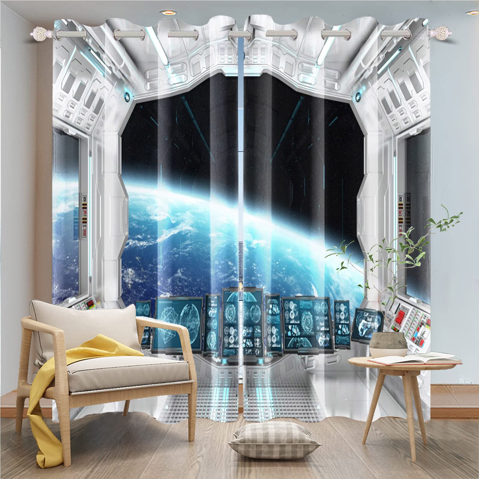 Futuristic Spacecraft Kitchen Curtains with Planet Window View - Blackout Science Fiction Space Station Drapes for Bedroom & Living Room, 53x72 Inch, 2 Panels - Perfect for Sci-Fi Themed Decor & Home Theater Rooms