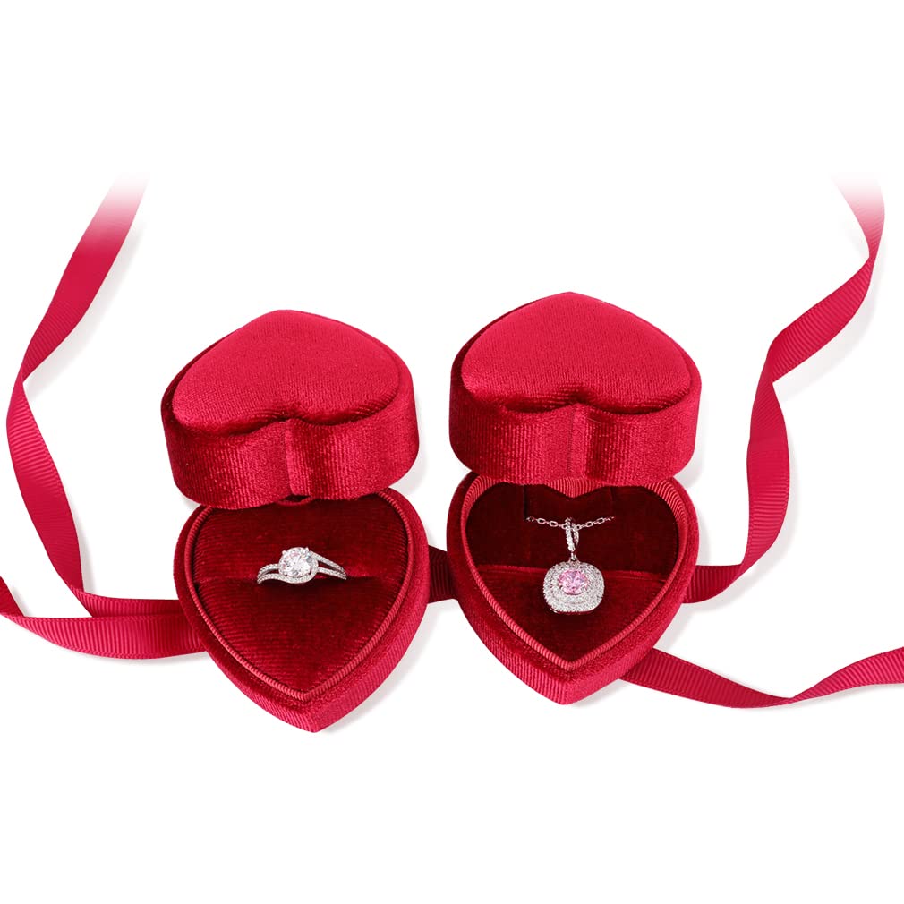 iSuperb 2-Piece Velvet Heart-Shaped Jewelry Box Set - Wedding Ring Box, Necklace & Earring Organizer for Engagement Proposal, Gift Storage (Wine Red) | Perfect for Bridal Showers, Anniversary Gifts & Jewelry Display