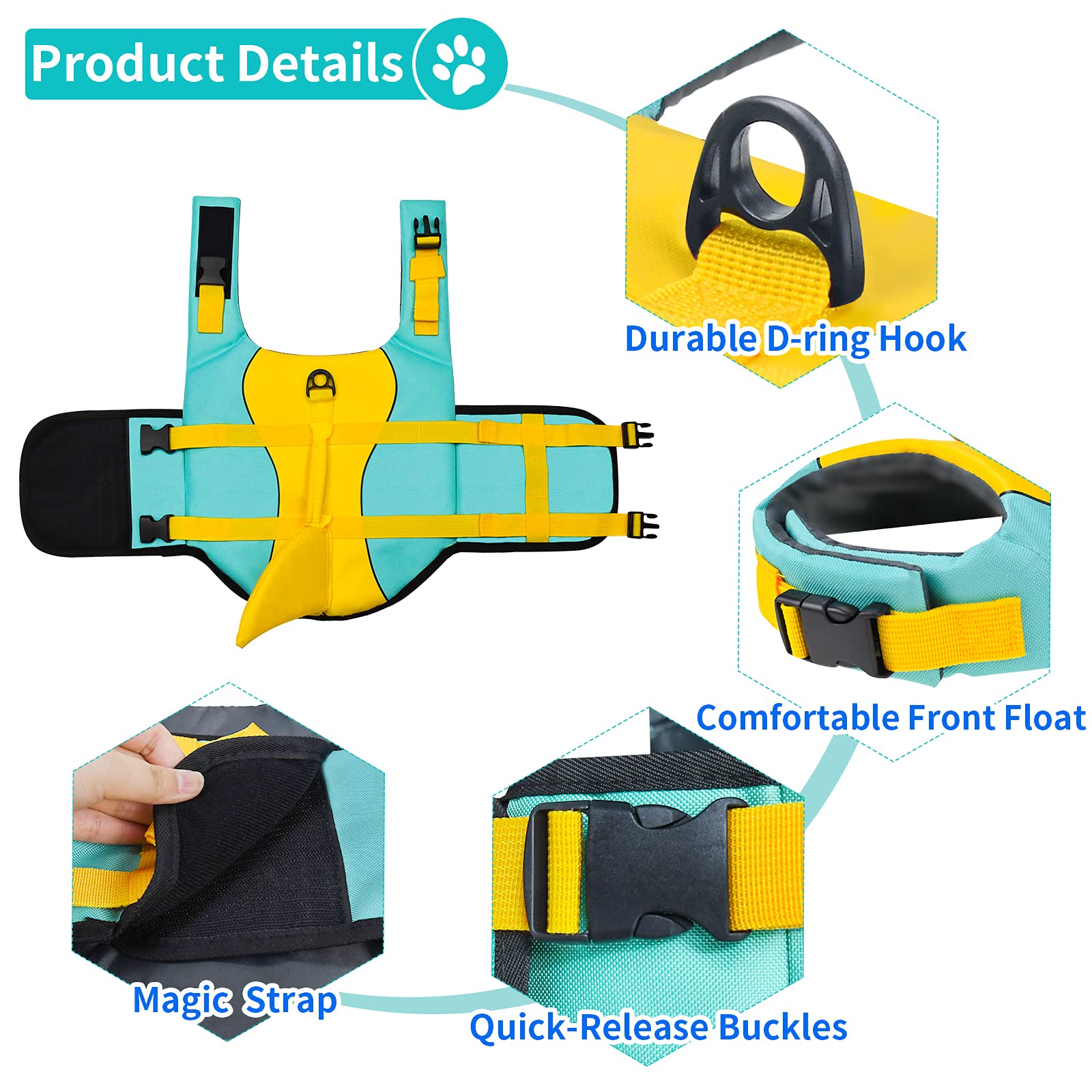 Malier Ripstop High Buoyancy Dog Life Vest - Shark Life Jacket for Swimming & Boating | High Visibility Puppy Lifesaver for Small, Medium & Large Dogs (X-Small) | Perfect for Beach, Pool & Water Sports Safety