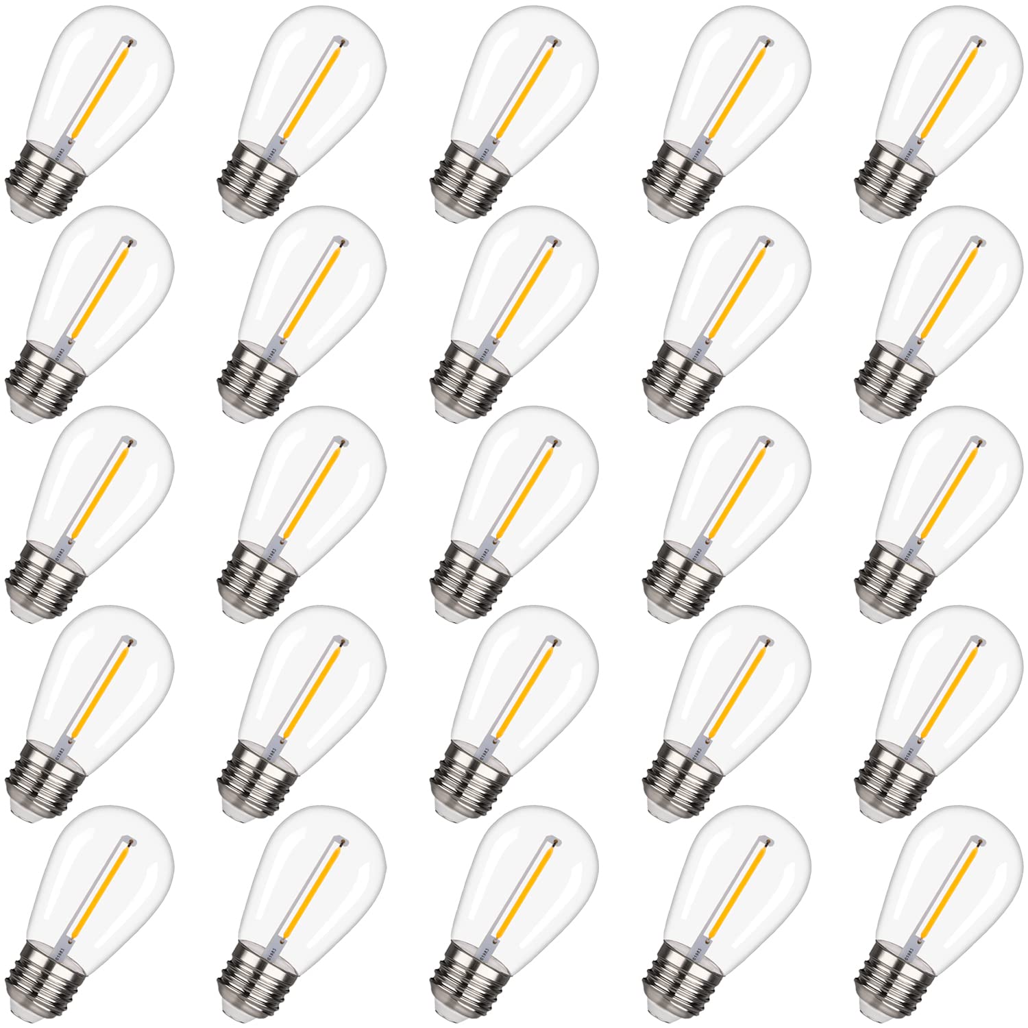 BORT LED S14 Replacement Light Bulbs - 25 Pack Shatterproof Outdoor String Lights, 1W Equivalent to 11W Incandescent, E26 Medium Screw Base, 2200K Warm White Non-Dimmable - Perfect for Patio, Garden, Backyard & Holiday Decorations