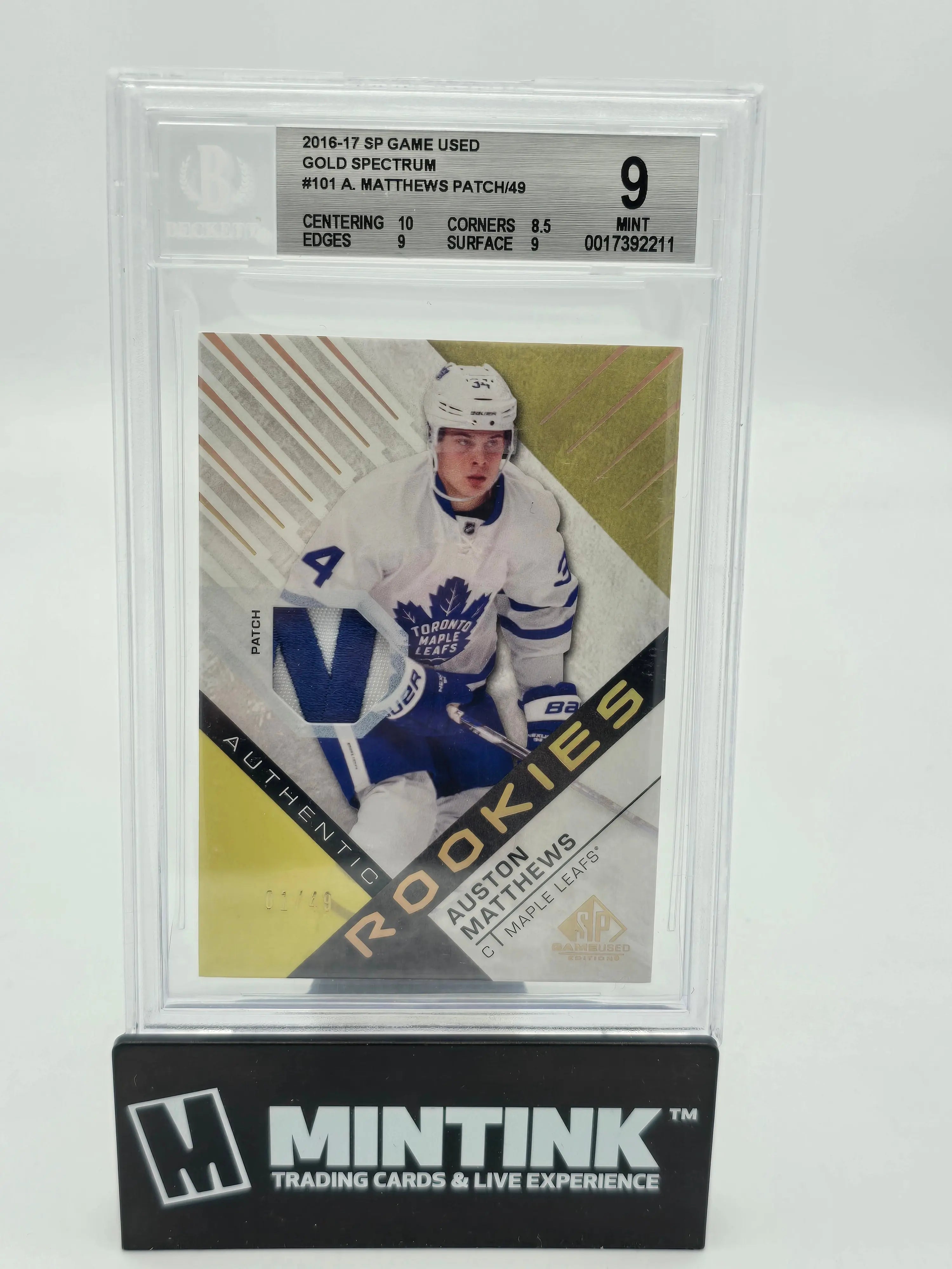 2016 Upper Deck SP Game Used Gold Spectrum Auston Matthews Rookie Card Patch BGS 9 1/49 - Rare Hockey Collectible for Fans & Investors | Perfect for Display, Trading, and Memorabilia Collections