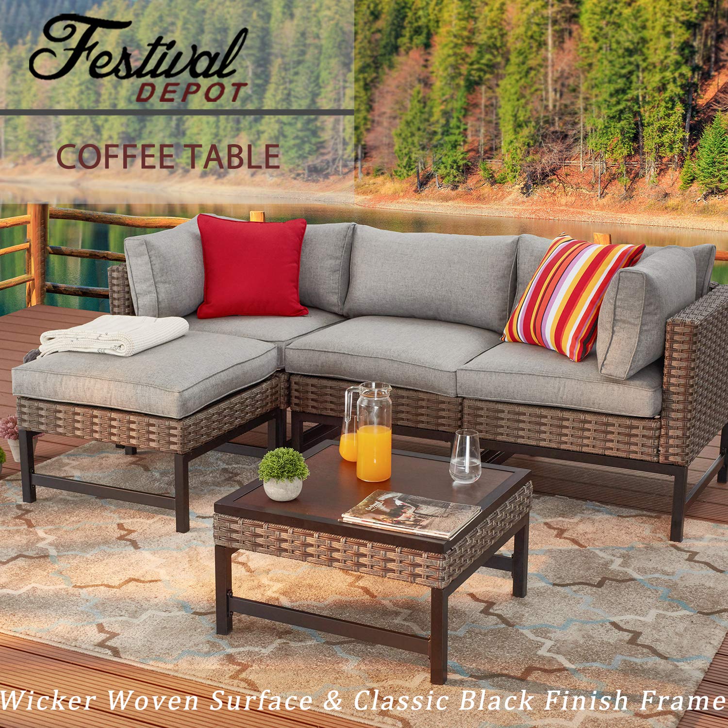 Festival Depot Patio Coffee Table - Square Metal Frame with Wicker & Wood Grain Top Rattan Outdoor Furniture for Bistro, Deck, Garden & Poolside Relaxation