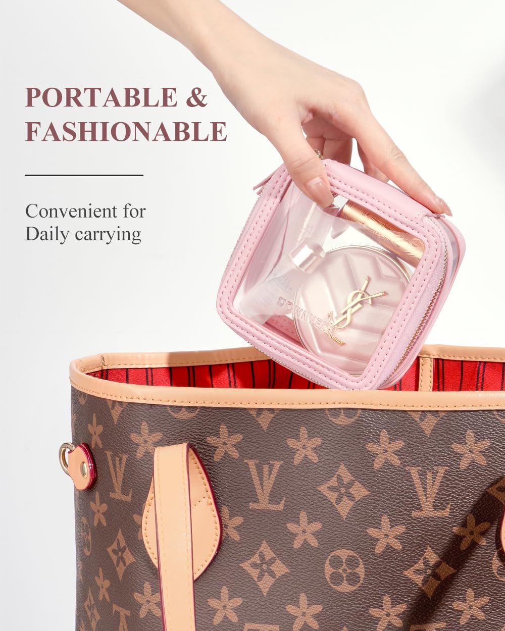 ROWNYEON Clear Makeup Train Case - Waterproof Travel Toiletry Bag with Handle, Transparent Cosmetic Organizer for Makeup Brushes & Skincare Products | Perfect for Travel, Gym, Home Storage & Salon Use