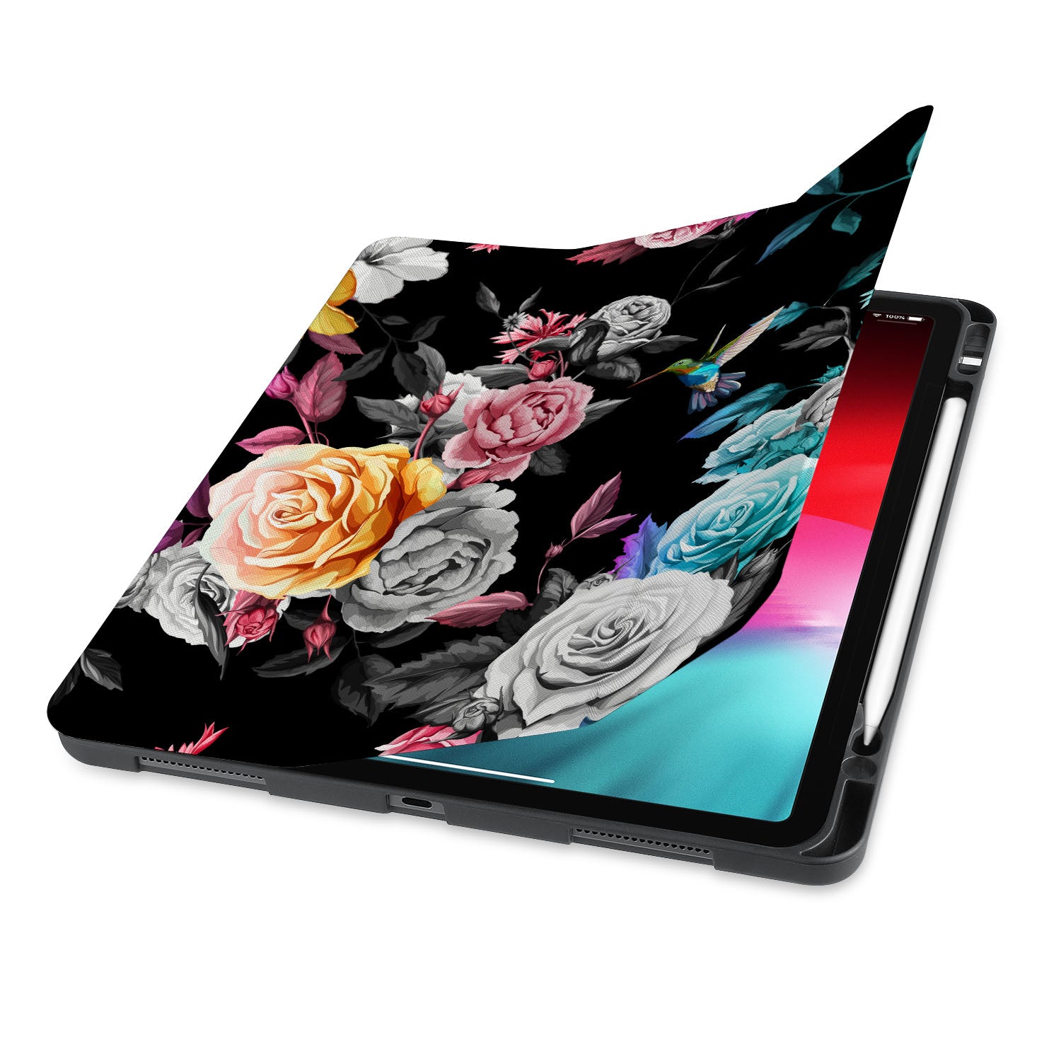 Premium iPad Trifold Case with Black Floral Design - Slim Protective Cover for iPad Air/Pro, Perfect for Work, Travel & Daily Use