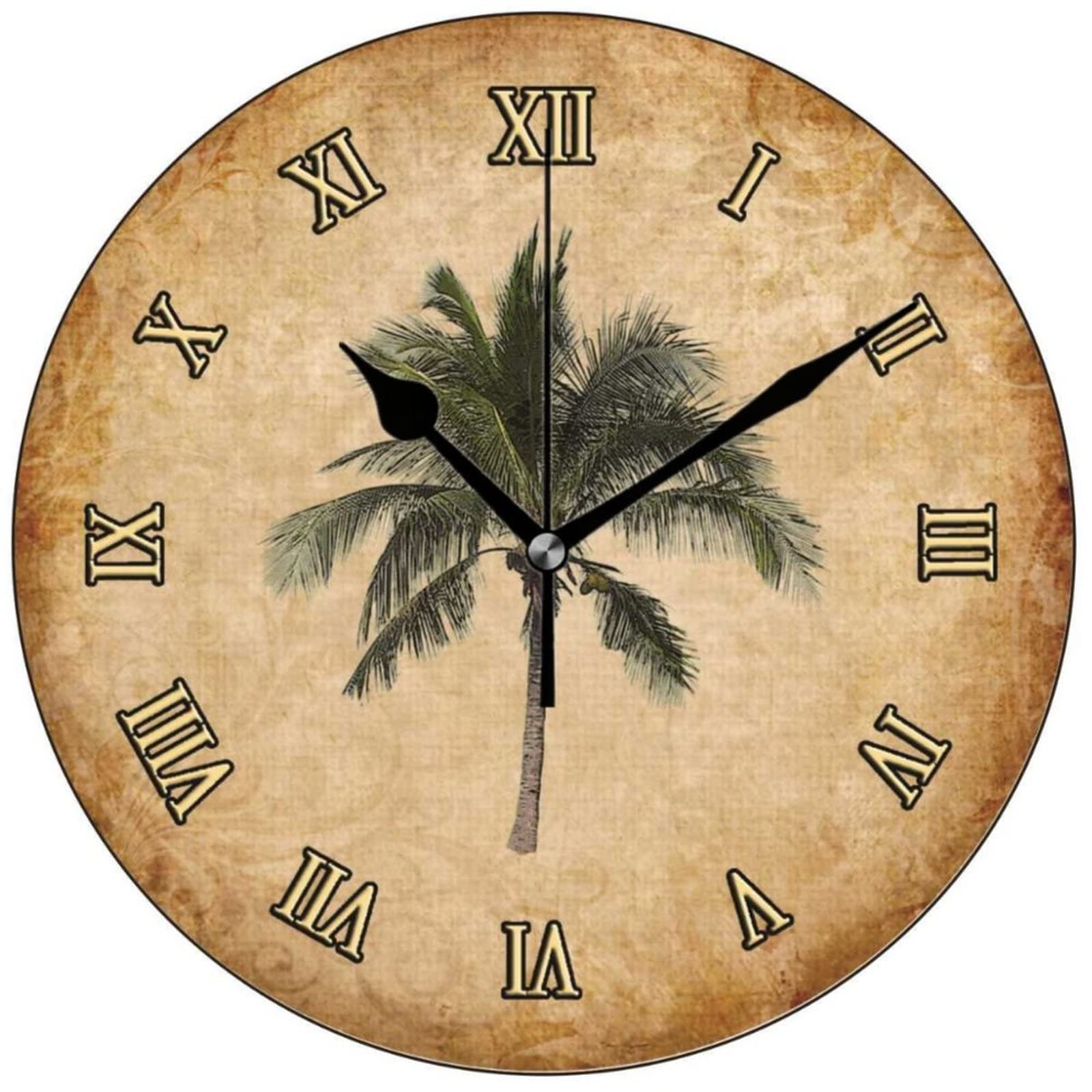 12 Inch Palm Tree Wall Clock - Tropical Decor Wooden Round Clock for Beach House, Living Room, Bedroom & Office Decor