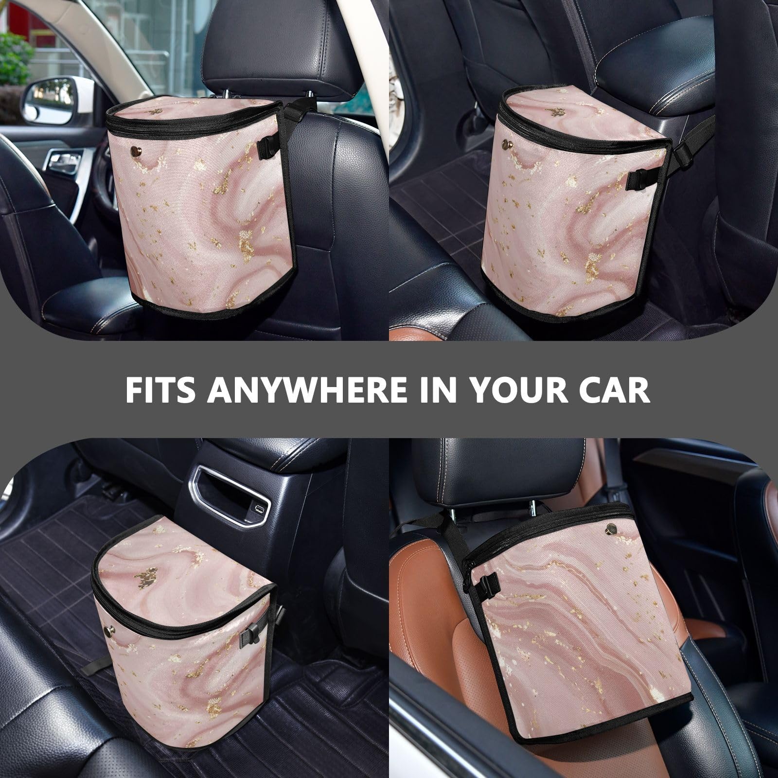 Rose Gold Abstract Marble Car Trash Can - Leak Proof Waterproof Car Garbage Bin with Lid for SUV, Sedan & Truck - Perfect for Front Seat Headrest, Road Trips & Daily Commute