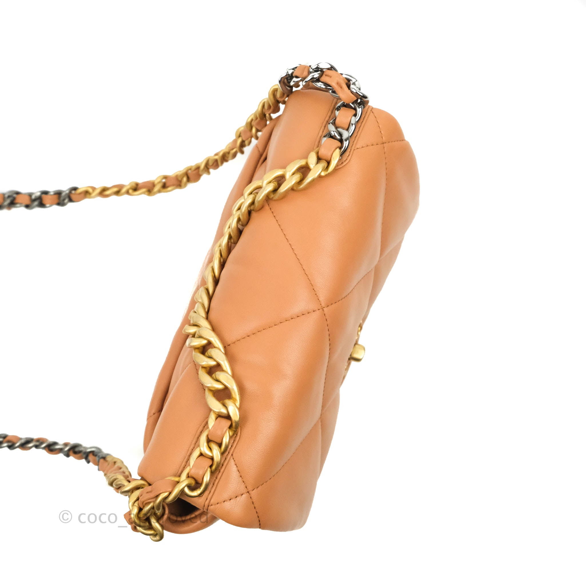 Authentic Chanel 19 Small Handbag in Caramel Dark Beige Lambskin with Mixed Hardware - 21K Collection | Luxury Crossbody Bag for Women, Perfect for Date Night & Special Occasions