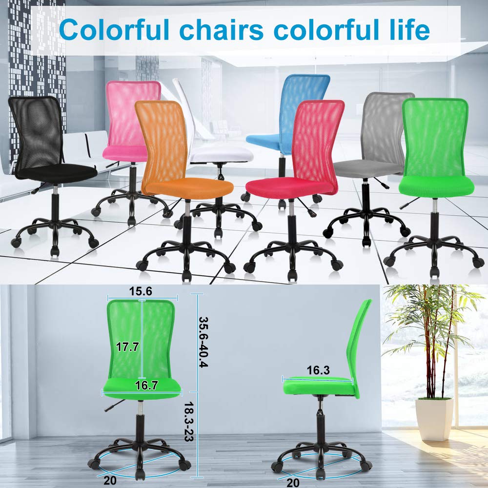 Ergonomic Mesh Office Chair - Adjustable Height Mid Back Computer Desk Chair with Wheels & Swivel, No Armrest, Green - Perfect for Home Office, Study, Gaming & Small Workspaces