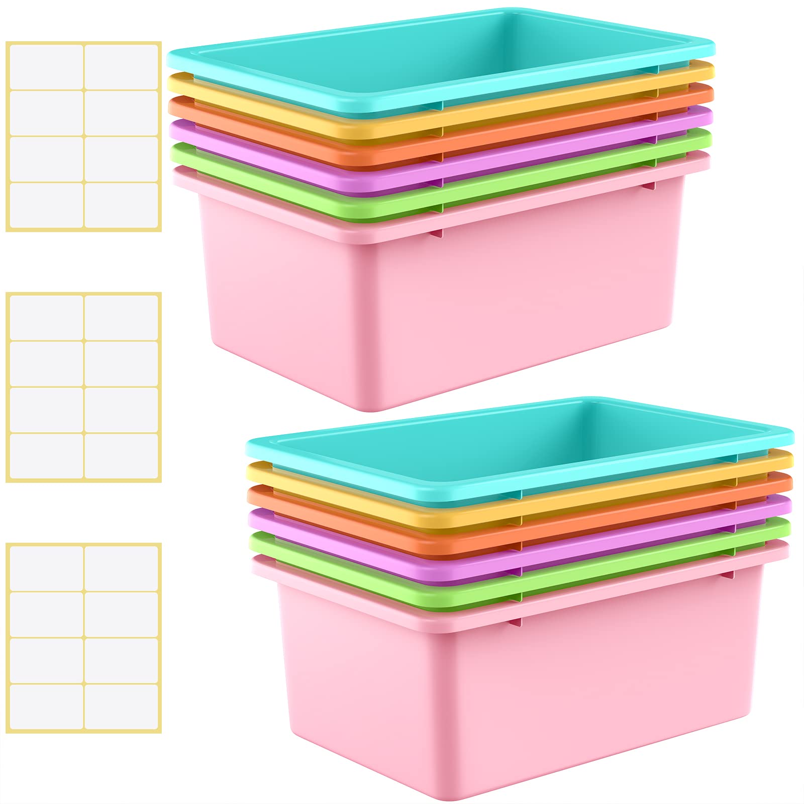 12-Piece Plastic Cubby Storage Bins Set with Labels - Colorful Classroom & Home Organization for School, Office, Library (Candy Colors) - Perfect for Kids' Toys, Books & Supplies Storage