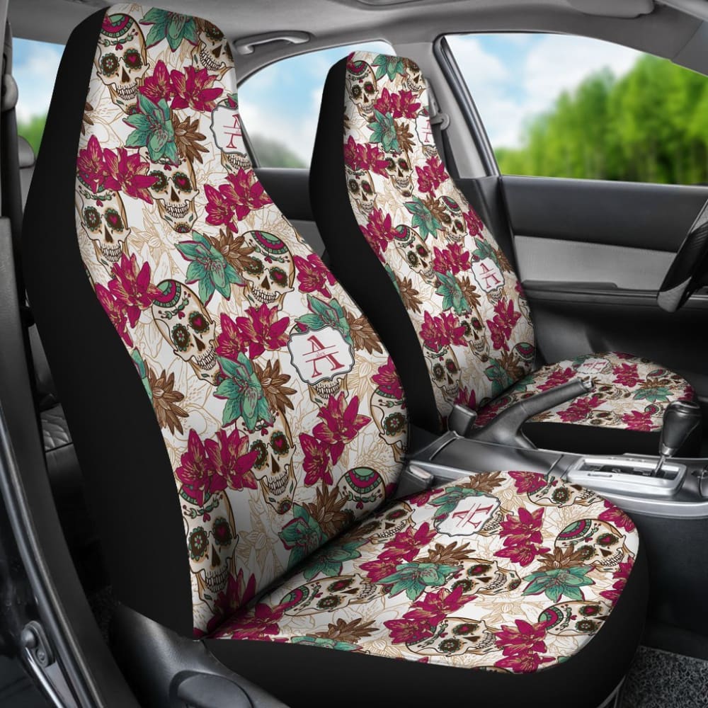 2 Pcs Sugar Skull Car Seat Covers - Universal Fit for Cars, Trucks & SUVs - Halloween & Dia de Los Muertos Decor - Protects Seats from Stains & Spills