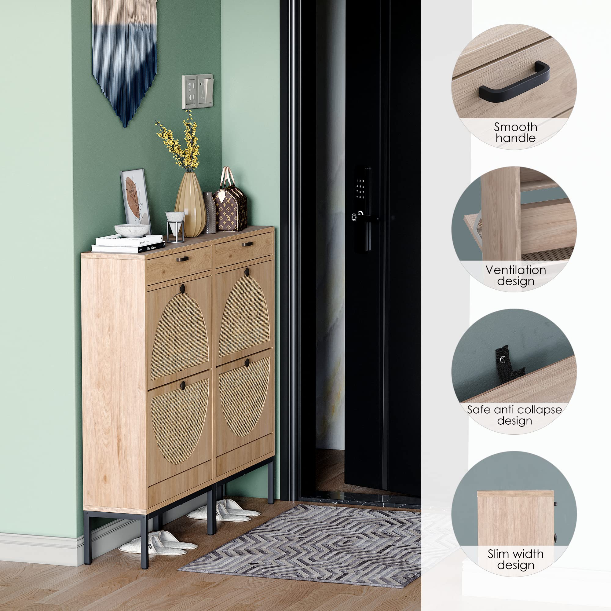 Yechen 2-Tier Wooden Shoe Rack with Rattan Doors - Entryway Shoe Storage Cabinet for Sneakers, Boots, High Heels & Slippers (Oak Finish) - Perfect for Small Spaces, Hallway Organization & Closet Storage