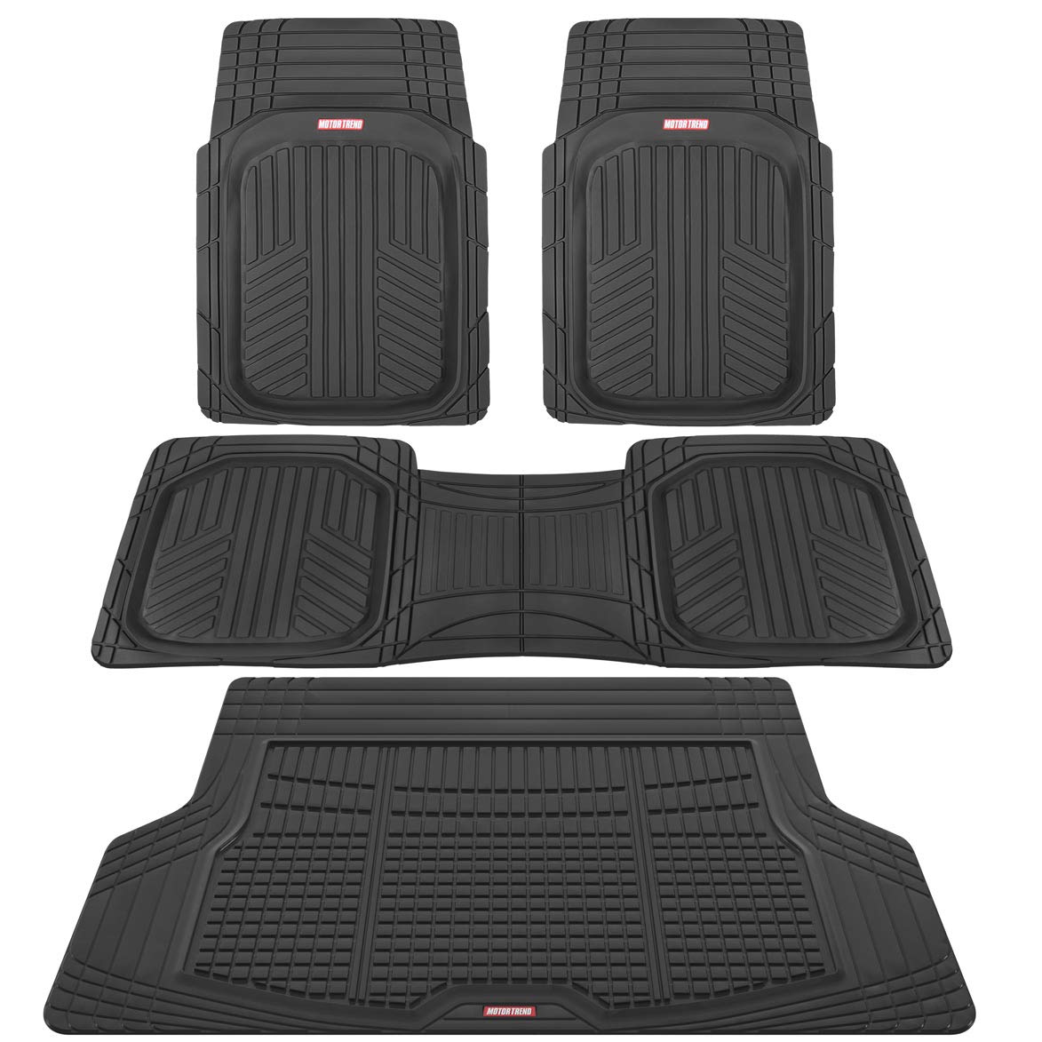 Motor Trend FlexTough Black All-Weather Floor Mats for Cars, SUVs & Vans - Heavy Duty Rubber Front & Rear Floor Liners + Cargo Mat Set - Durable Interior Protection for Mud, Snow & Spills - Perfect for Daily Commute, Road Trips & Family Adventures