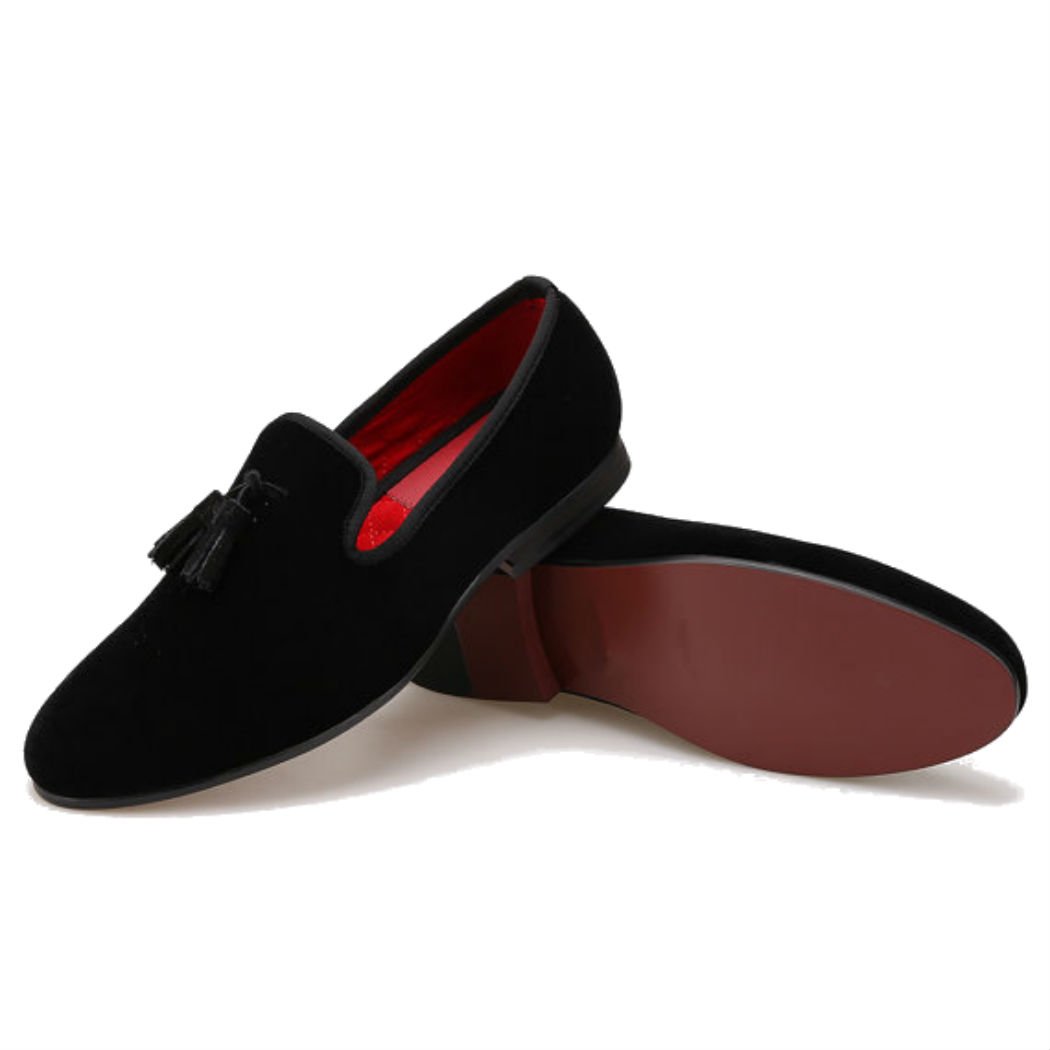 FERUCCI Men's Handmade Black Velvet Smoking Slippers - Tassel Loafers for Formal Wear & Home Comfort