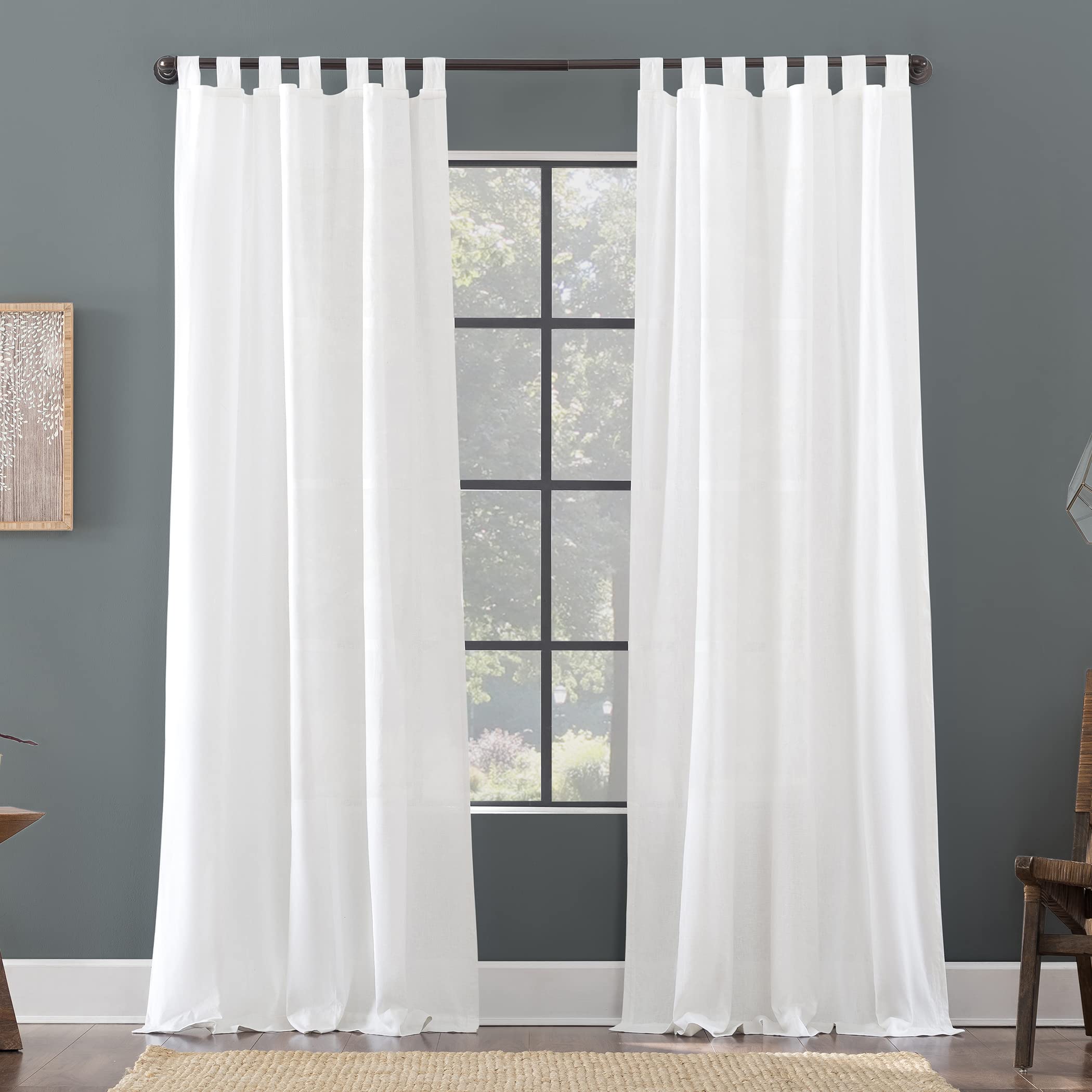 Archaeo Linen Cotton Blend Tab Top Curtains 50x84 Inches - Breathable White Window Drapes for Living Room & Bedroom