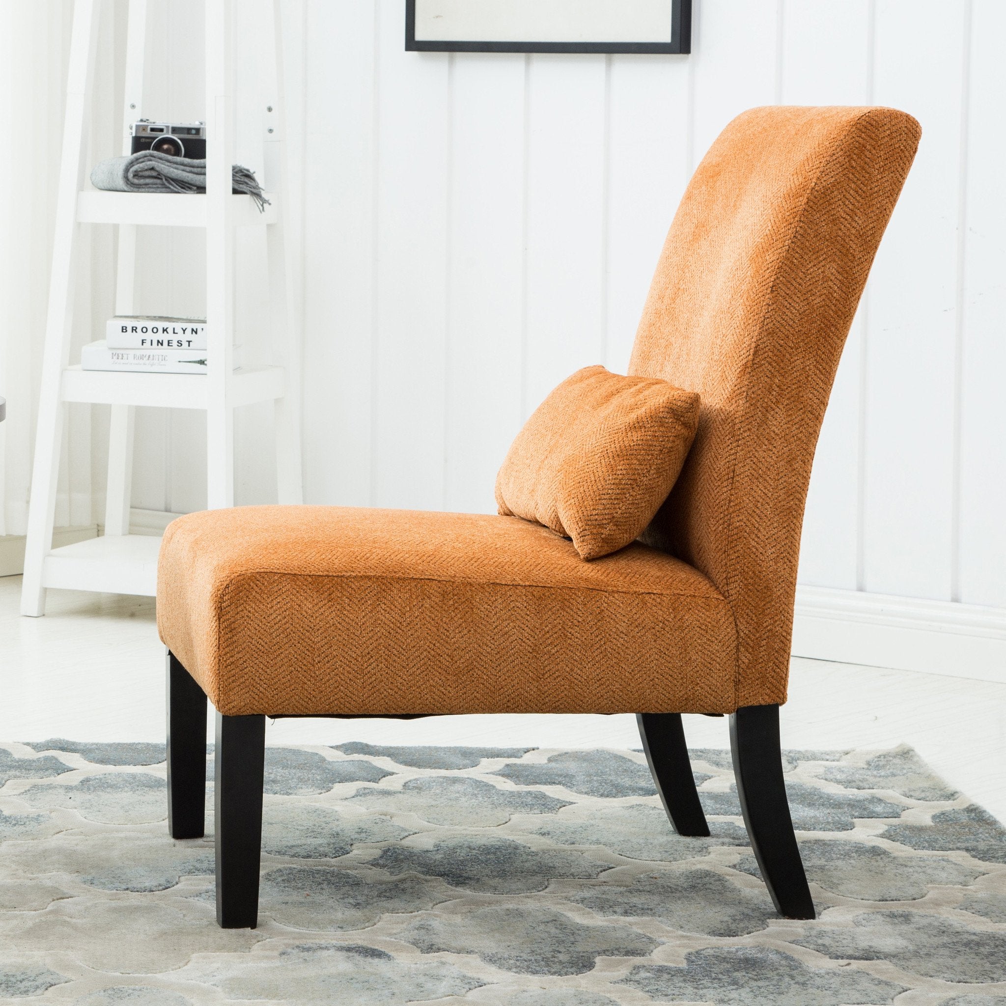 Roundhill Furniture Pisano Chenille Fabric Armless Contemporary Accent Chair with Matching Kidney Pillow in Orange - Modern Living Room, Bedroom or Office Seating for Home Decor
