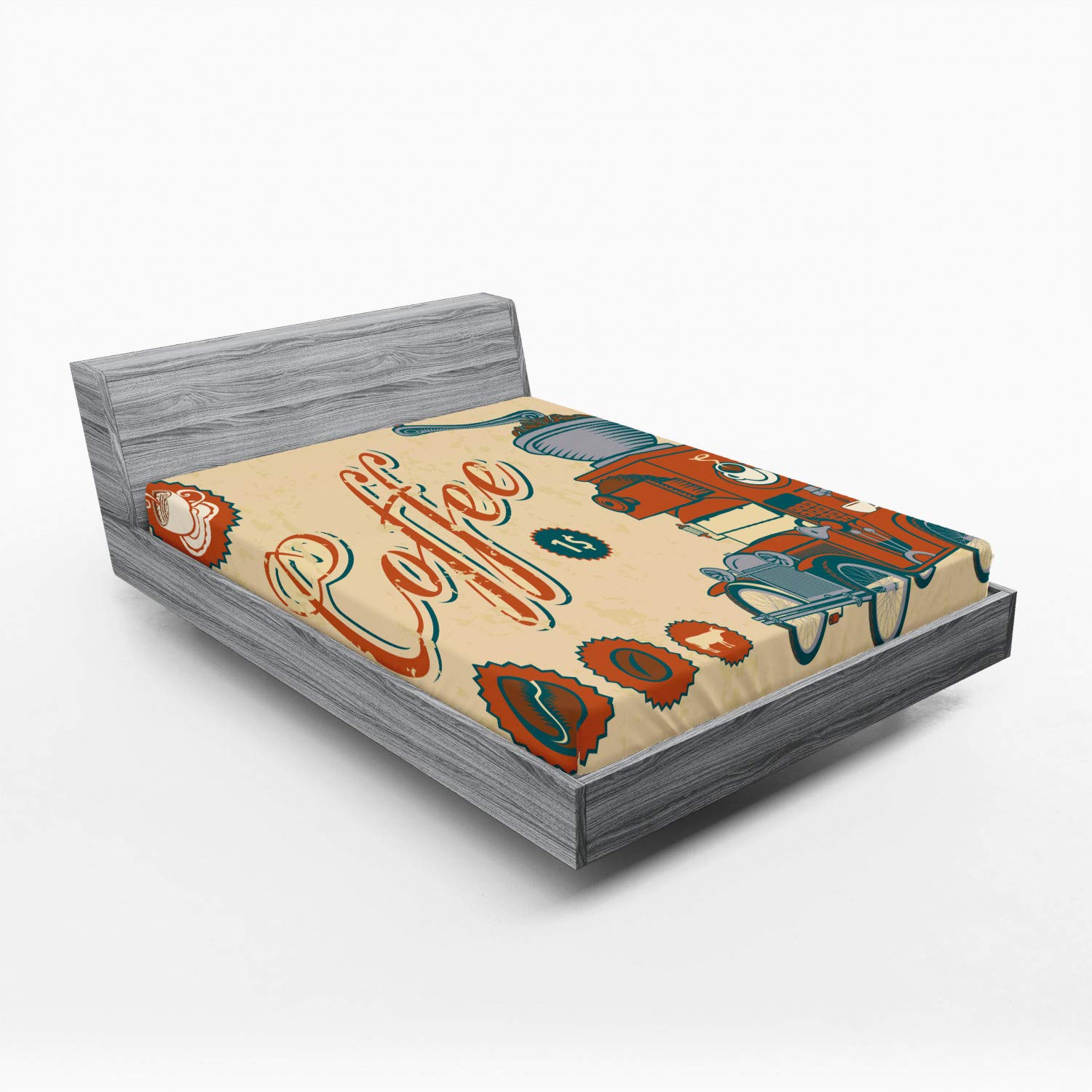 Vintage Truck & Coffee Grinder Retro Fitted Sheet - All-Round Elastic Deep Pocket Queen Size Bed Cover - Cream Orange Grey - Perfect for Cozy Bedrooms & Vintage-Themed Decor