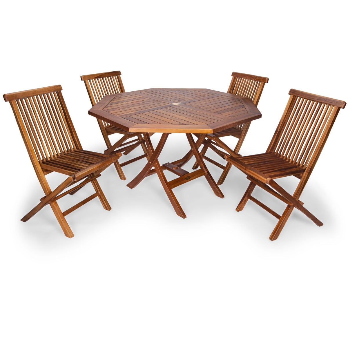 5-Piece 4ft Teak Octagon Folding Table and Chair Set - All Weather Outdoor Dining Furniture for Patio, Garden, and Backyard Entertaining