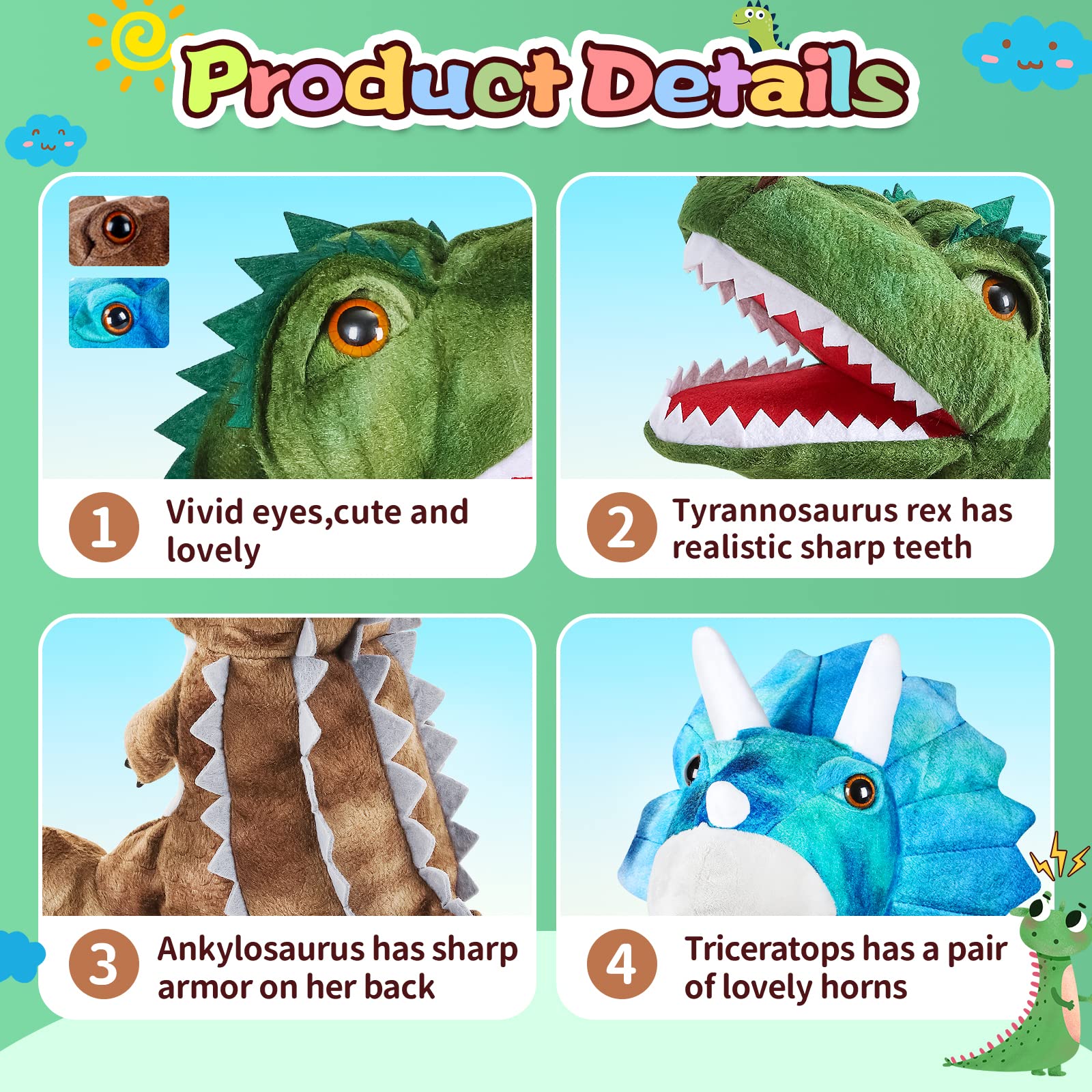3Pcs Dinosaur Plush Toys - Soft Stuffed Animal Hand Puppets for Kids Ages 4-8, Interactive Role Play Toys for Boys & Girls - Perfect for Storytelling, Pretend Play & Birthday Gifts