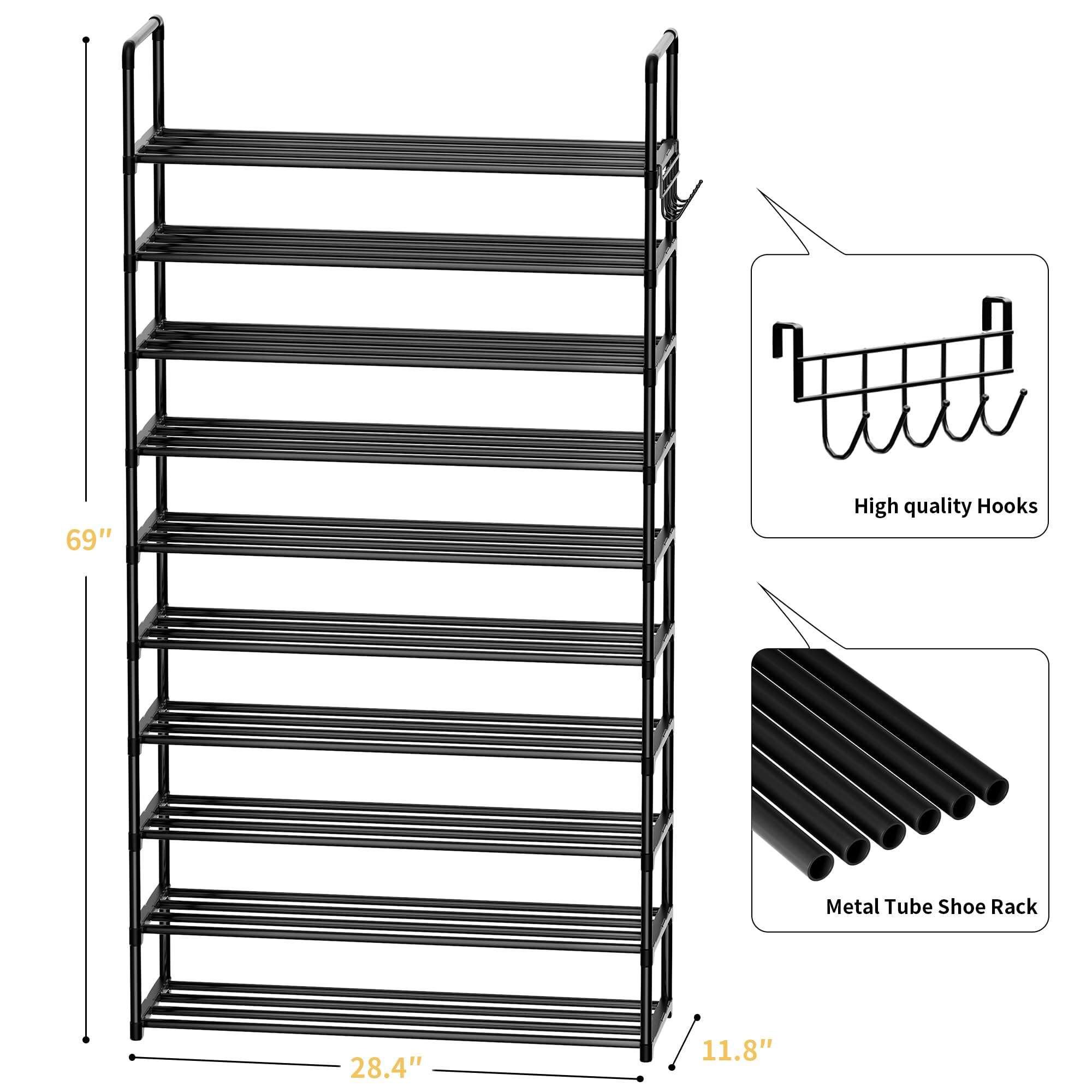 10-Tier Metal Shoe Rack Organizer with Hooks - Holds 40-45 Pairs - Space Saving Tall Shoe Shelf for Closet, Entryway, Living Room & Hallway - Perfect Shoe Storage Solution for Small Spaces & Apartment Organization