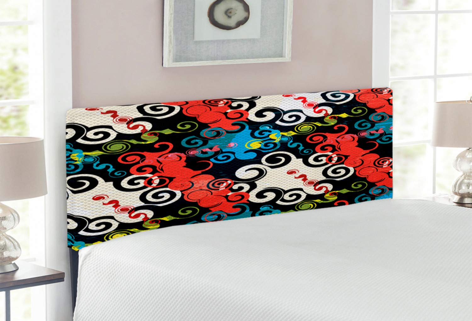 Ambesonne Psychedelic Upholstered Headboard - Dark Spiral Graffiti Street Art Design with Memory Foam - Full Size Multicolor Decorative Metal Bed Headboard for Modern & Bohemian Bedrooms