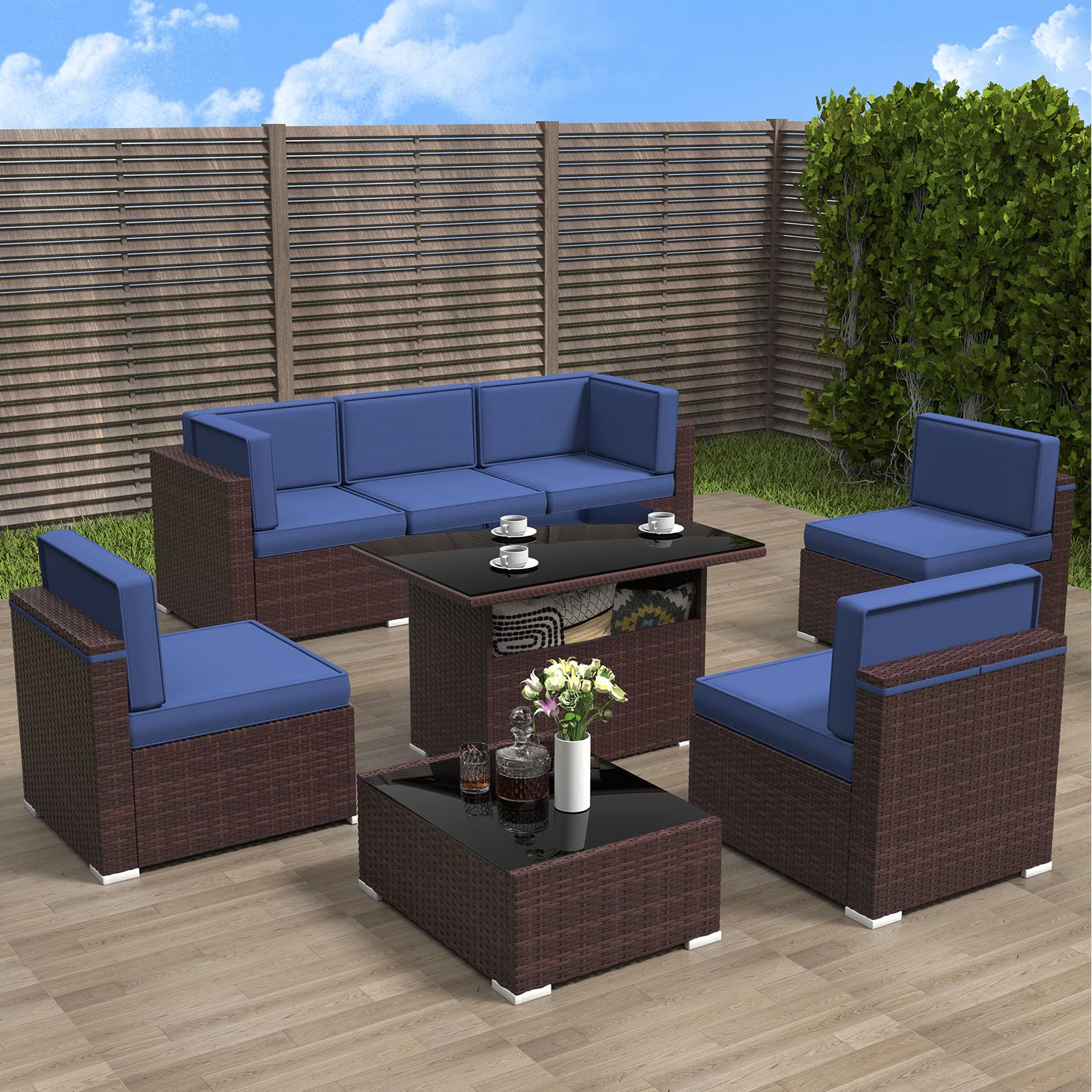 LayinSun 8-Piece Outdoor Patio Furniture Set - Wicker Sectional Sofa with Storage Table & Coffee Table for Backyard, Garden, Poolside, and Deck Relaxation