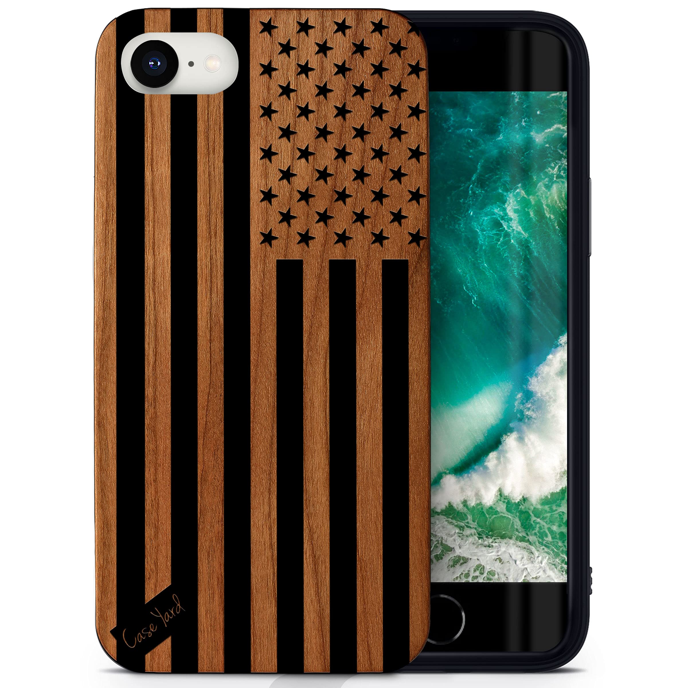 Wooden iPhone SE Case with Laser Engraved American Flag Design - Slim Protective Shockproof Cover for Men & Women | Perfect for Outdoor Activities, Travel & Everyday Use