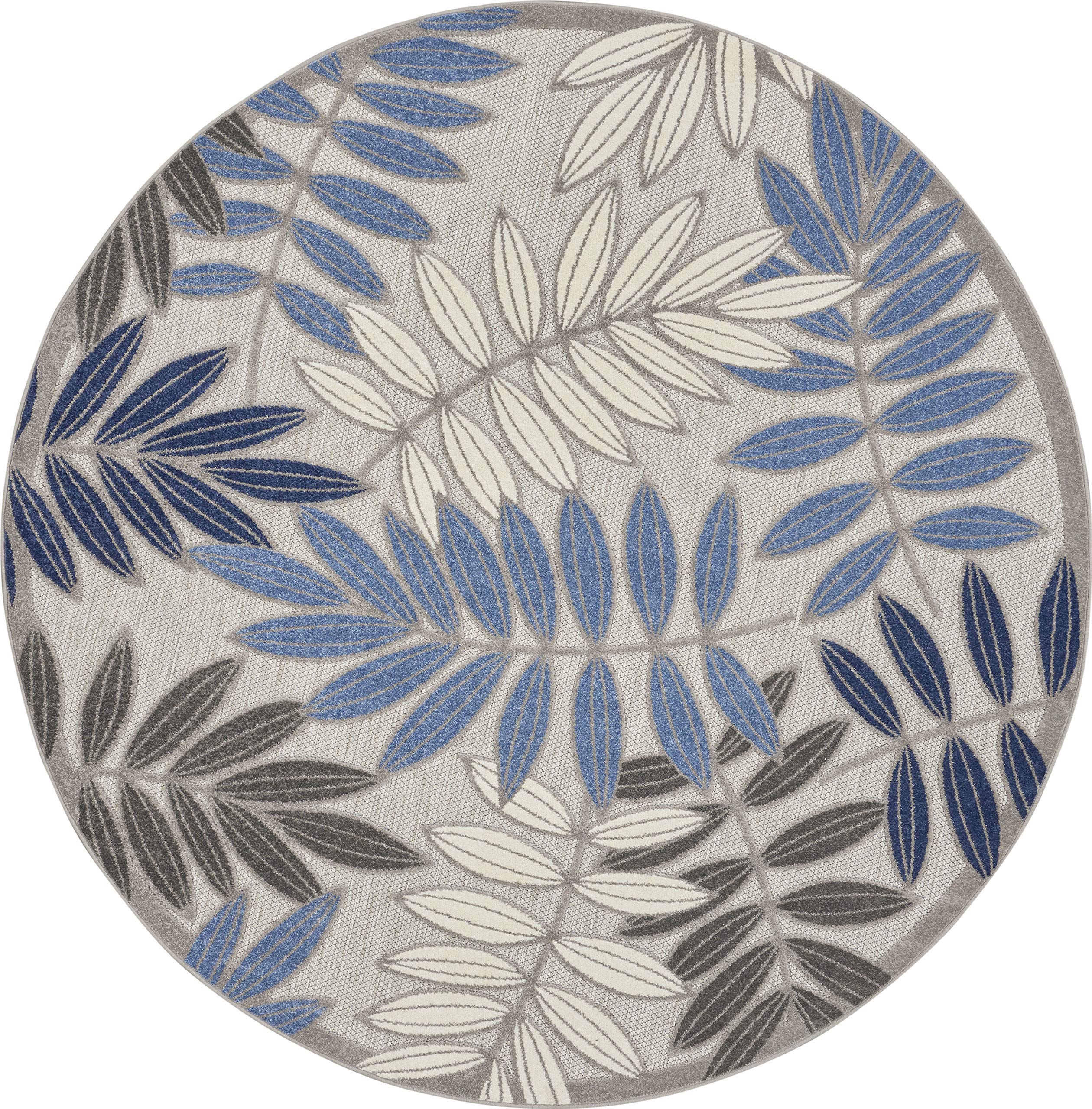 Nourison Aloha 8' Round Indoor/Outdoor Area Rug - Easy Clean, Non-Shedding, Stain Resistant - Perfect for Bedroom, Living Room, Dining Room, Backyard, Deck & Patio - Soft Grey & Blue Design for Coastal & Boho Decor