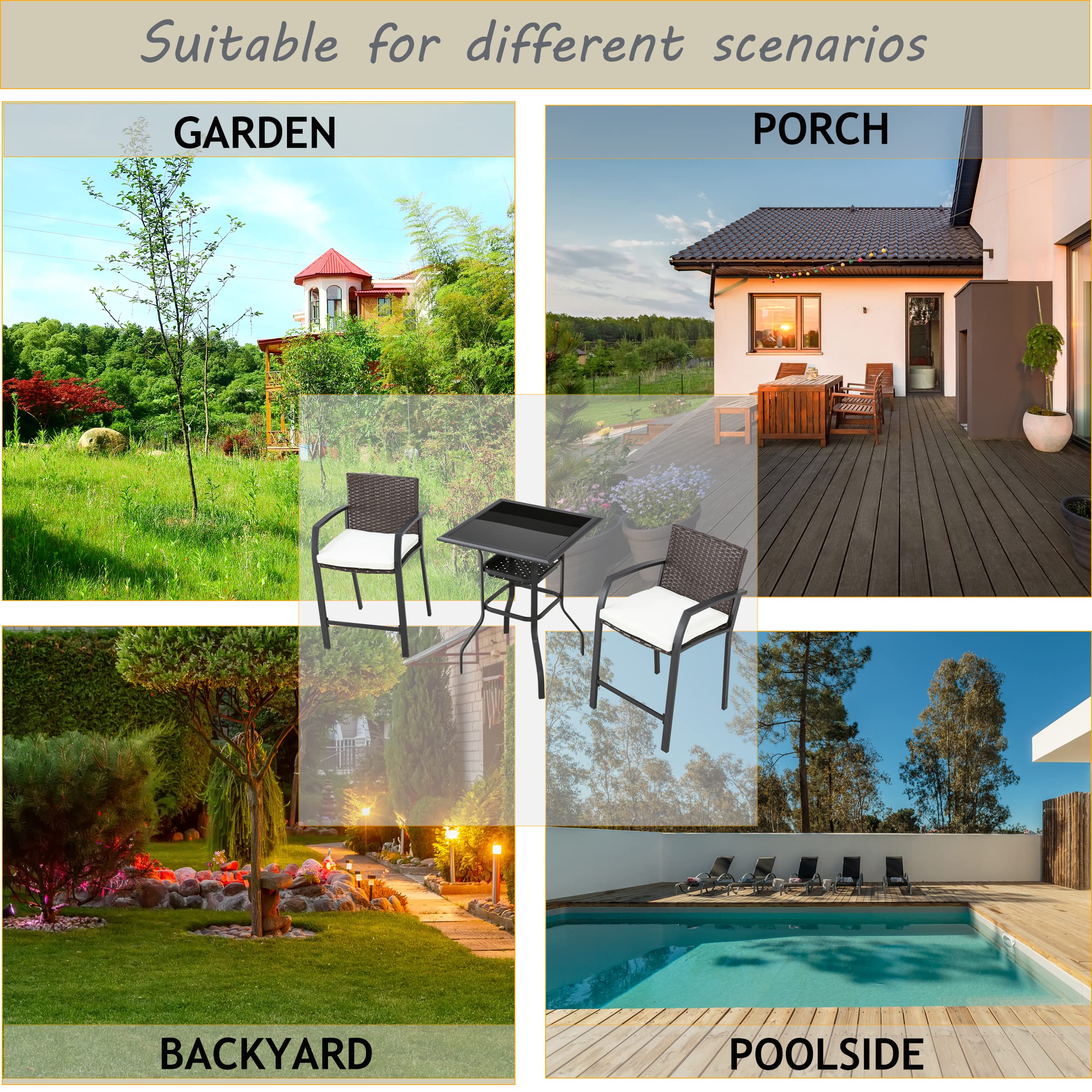 3-Piece Wicker Bar Stool Set with Cushions & Coffee Table - Outdoor Patio Furniture for Garden, Poolside