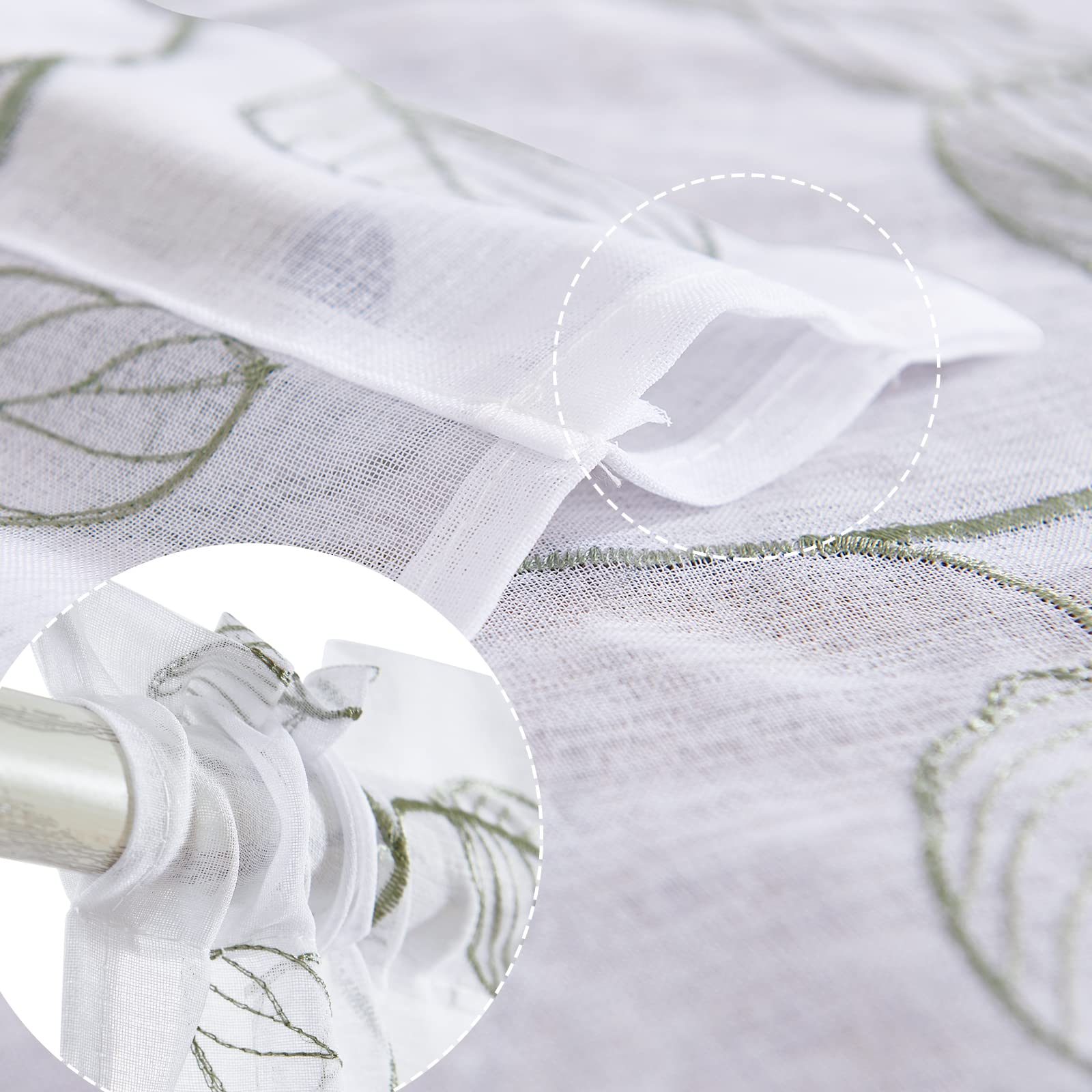 White Sage Green Leaf Embroidered Semi-Sheer Cafe Curtains - 45 Inch Rod Pocket, 2 Panels for RV, Camper & Half Windows | Boho Kitchen, Living Room & Bedroom Decor