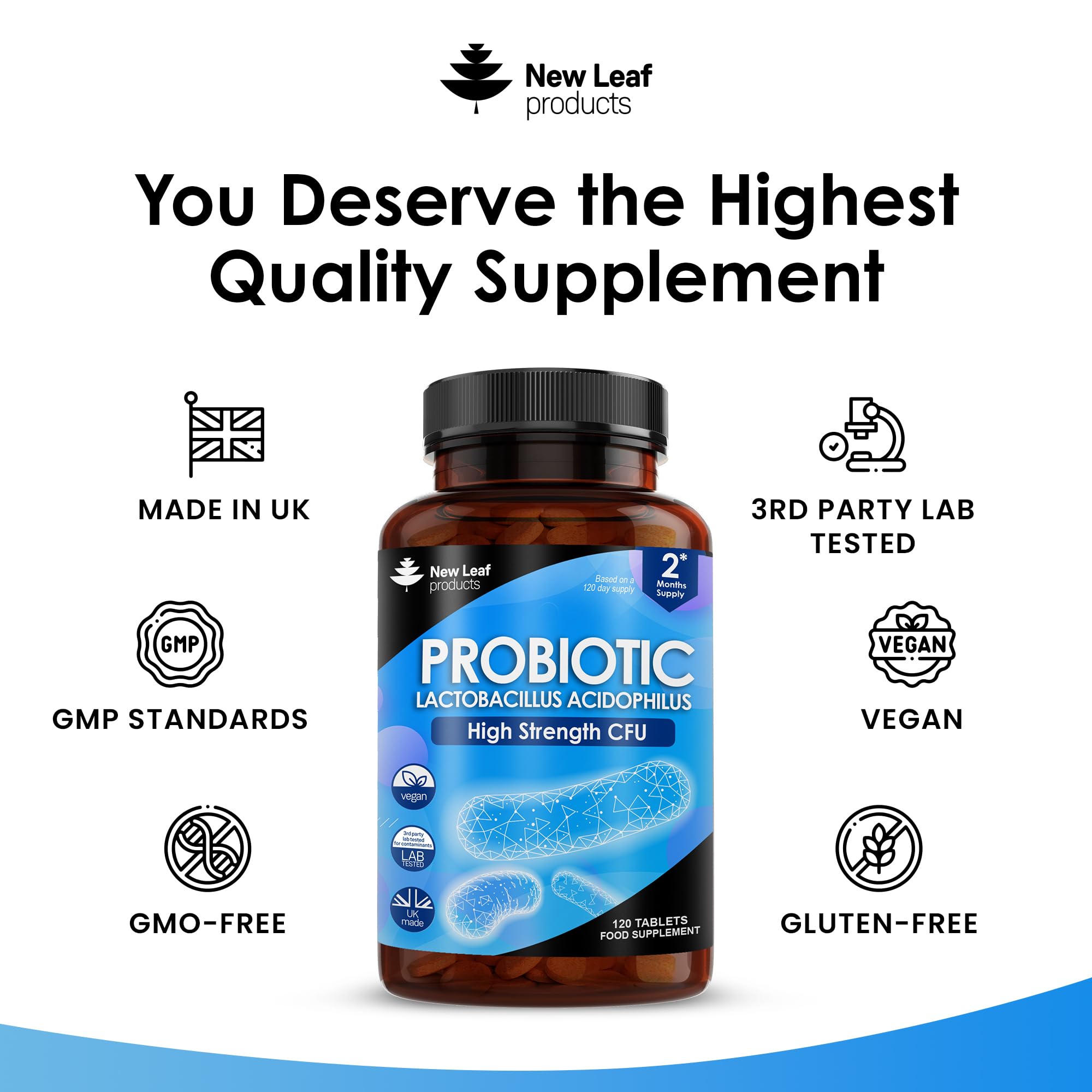 High Strength Acidophilus Probiotic Tablets for Digestive & Gut Health - Vegan, GMO-Free, Gluten-Free, Lactobacillus Probiotic Supplement - UK Made, 120 Tablets | Supports Immune System & Digestive Balance for Daily Wellness