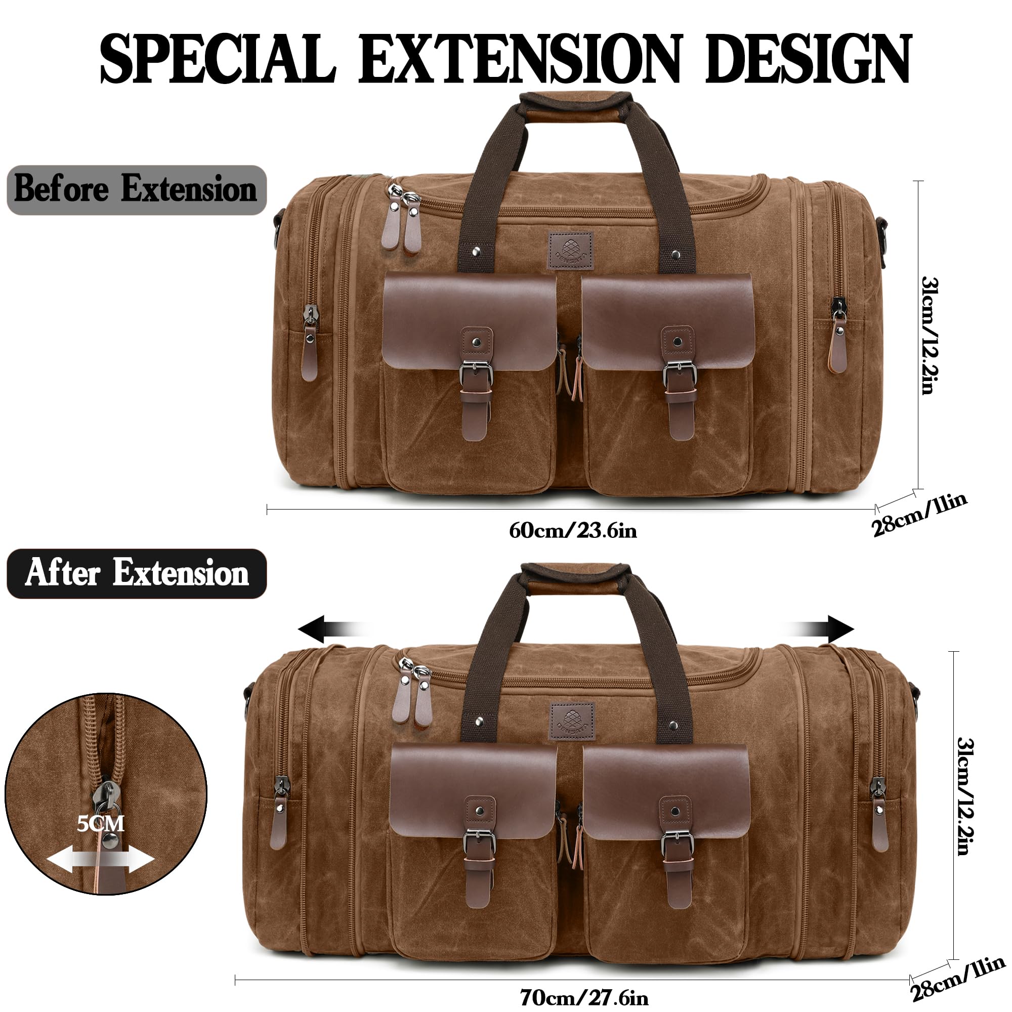 Vintage Dark Brown Expandable 60L Canvas Duffle Bag for Men - Genuine Leather Travel Duffel with Two Zipper Pockets - Perfect for Overnight Trips, Weekend Getaways & Carry-On Luggage (X-Large)