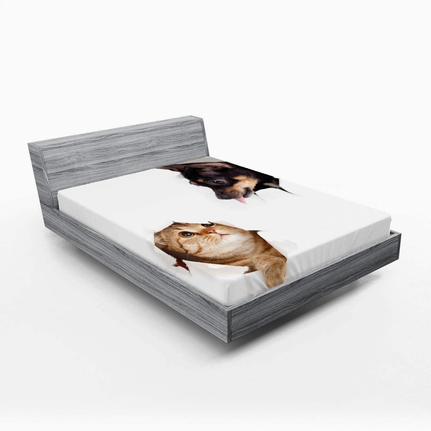 Funny Cat & Dog Print Fitted Sheet - Queen Size for Cozy Bedroom Decor