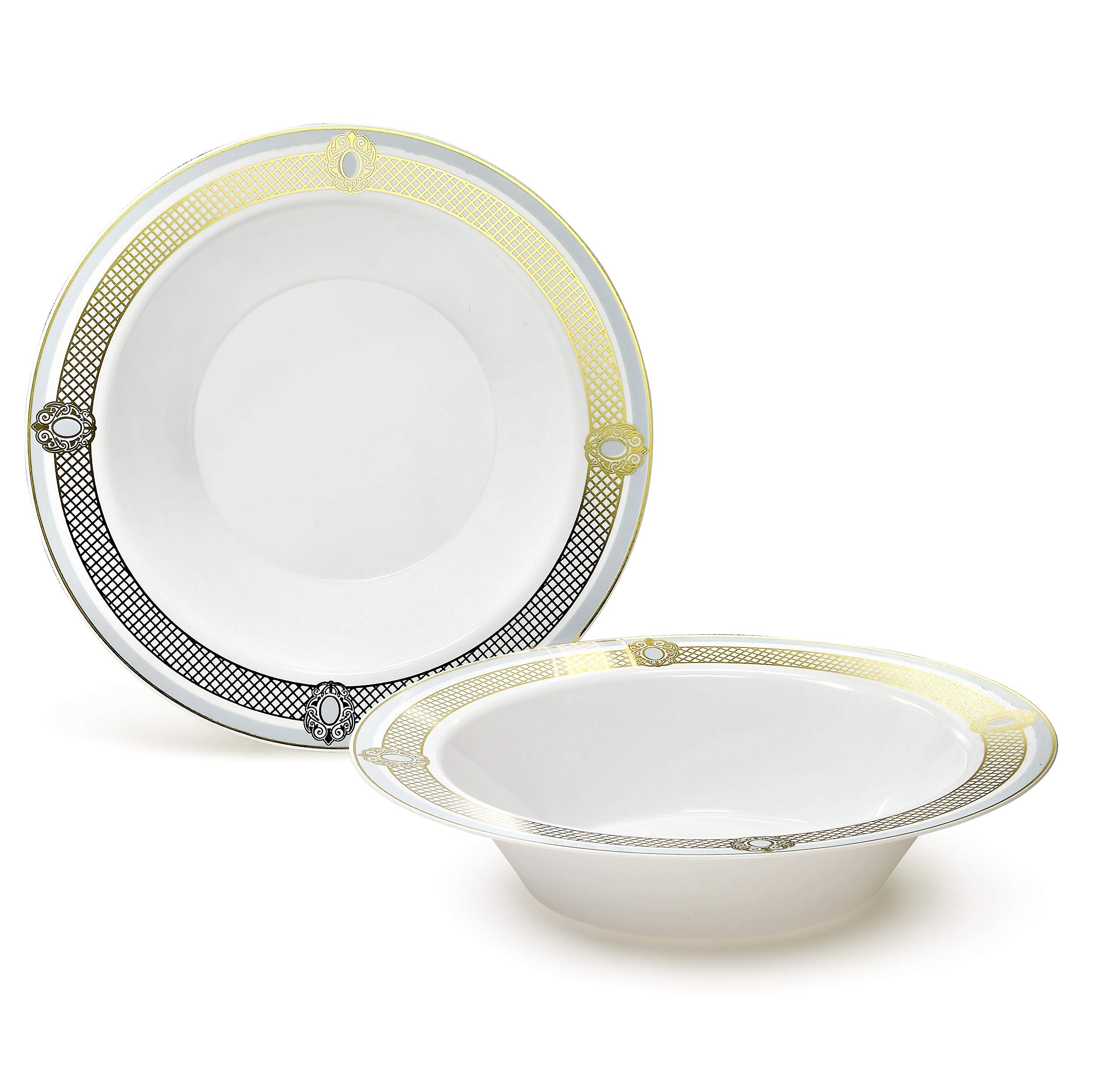 60-Piece Disposable Plastic Plates & Bowls Set - 12oz Soup Bowls for Weddings, Parties & Events (Elegant White/Blue & Gold) - Perfect for Catering, BBQs, Picnics & Family Gatherings
