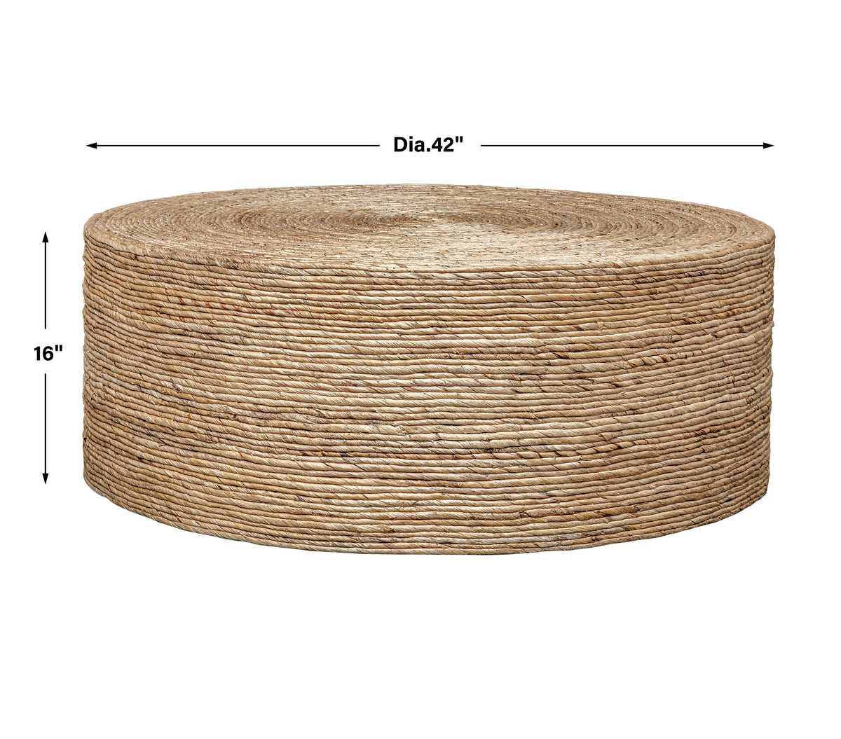 Round Coastal Coffee Table with Woven Banana Leaf Design - Natural Texture Accent Table for Beach House, Boho Living Room & Coastal Decor